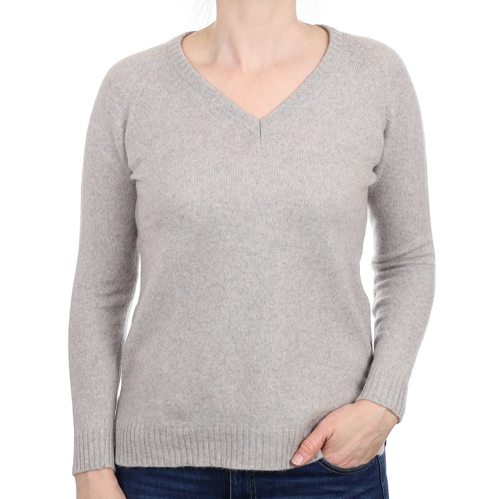 Mist Grey Cashmere V Neck Jumper Small