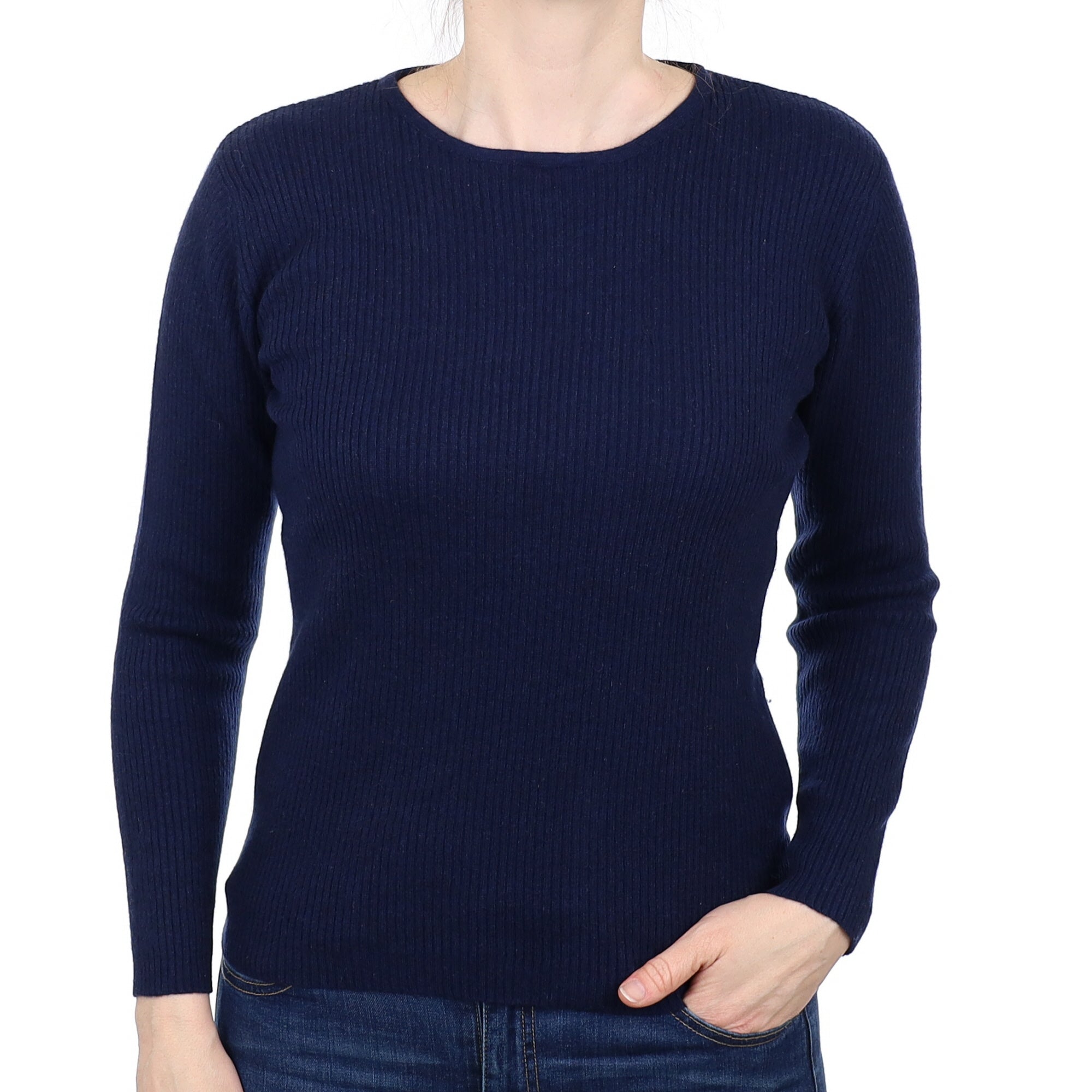 Navy Ribbed Cashmere Crew Neck Jumper Small