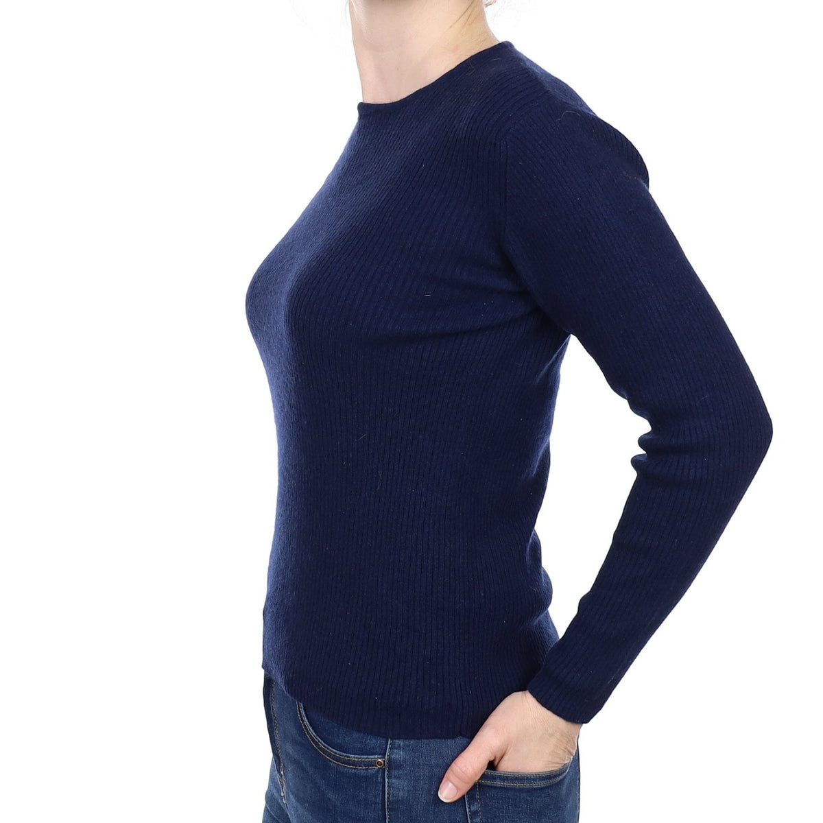 Navy Ribbed Cashmere Crew Neck Jumper Small