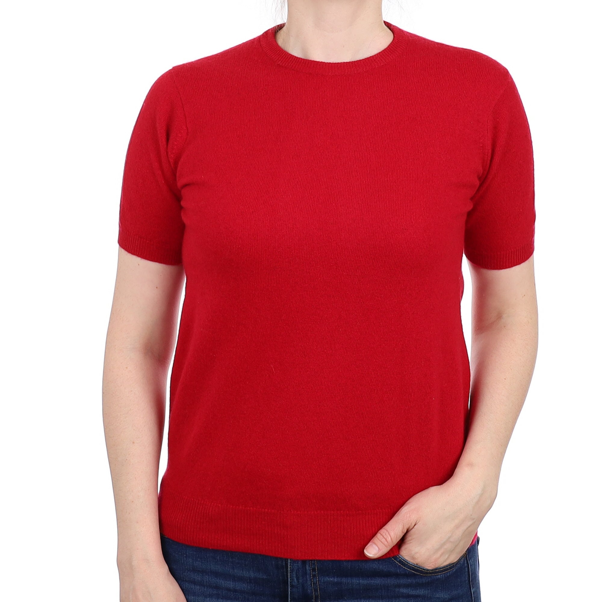 Berry Red Cashmere Short Sleeved Crew Neck Jumper Small