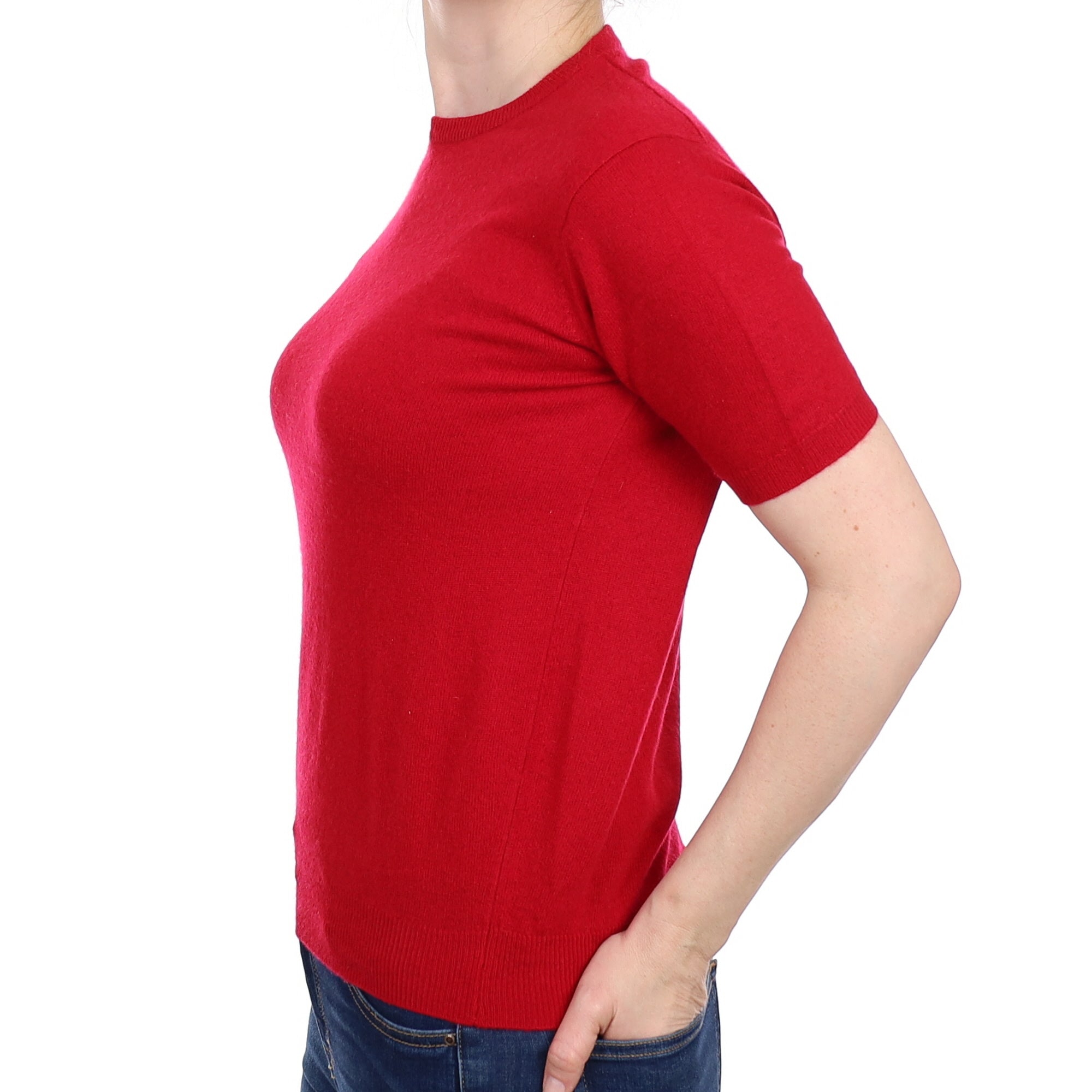 Berry Red Cashmere Short Sleeved Crew Neck Jumper Small