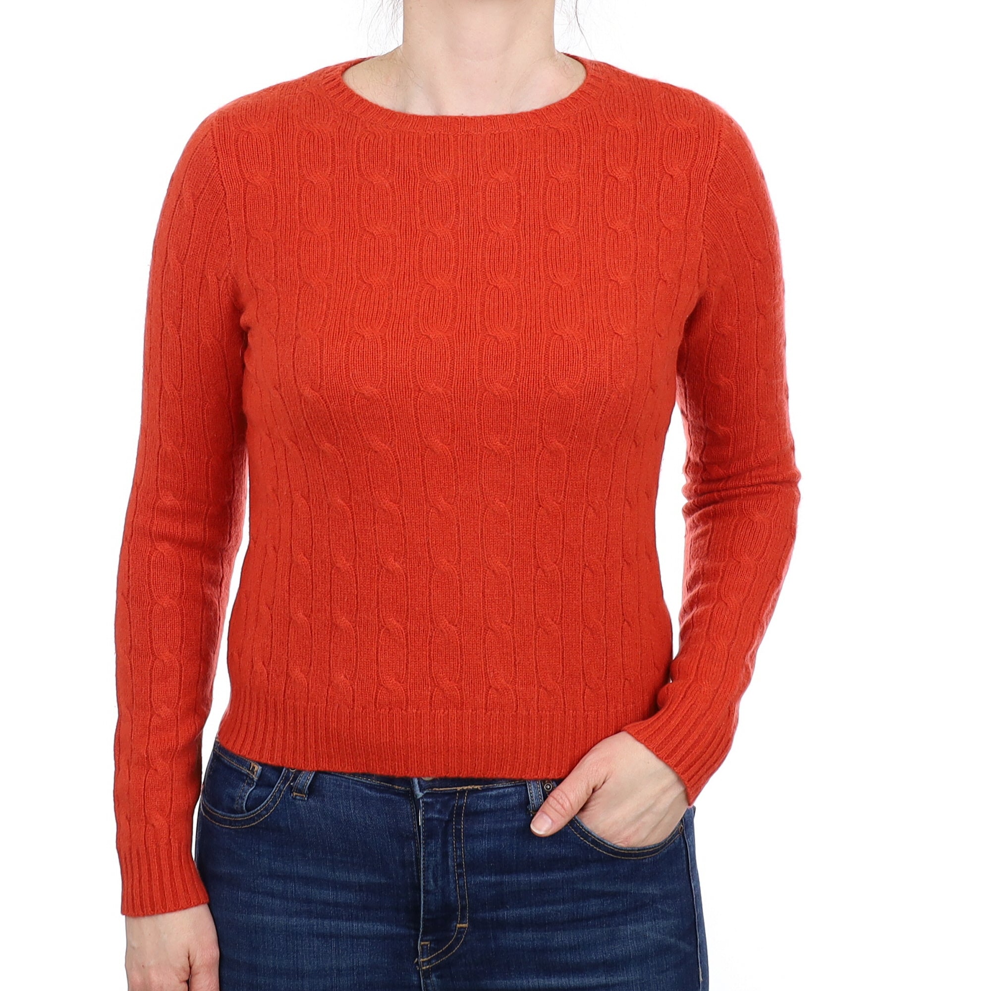 Burnt Orange Cable Cashmere Crew Neck Jumper Small