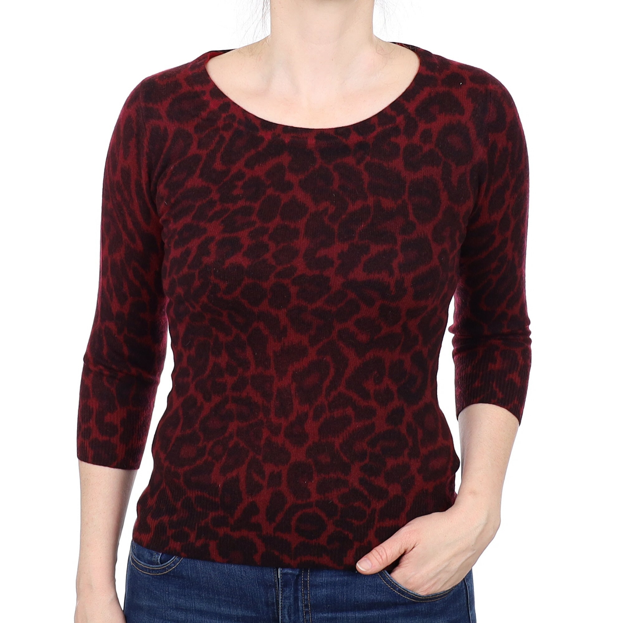 Red Animal Print Cashmere 3/4 Sleeve Crew Neck Jumper Small