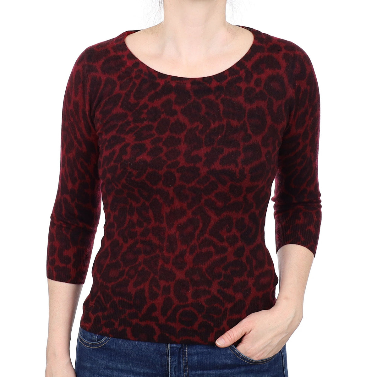 Red Animal Print Cashmere 3/4 Sleeve Crew Neck Jumper Small