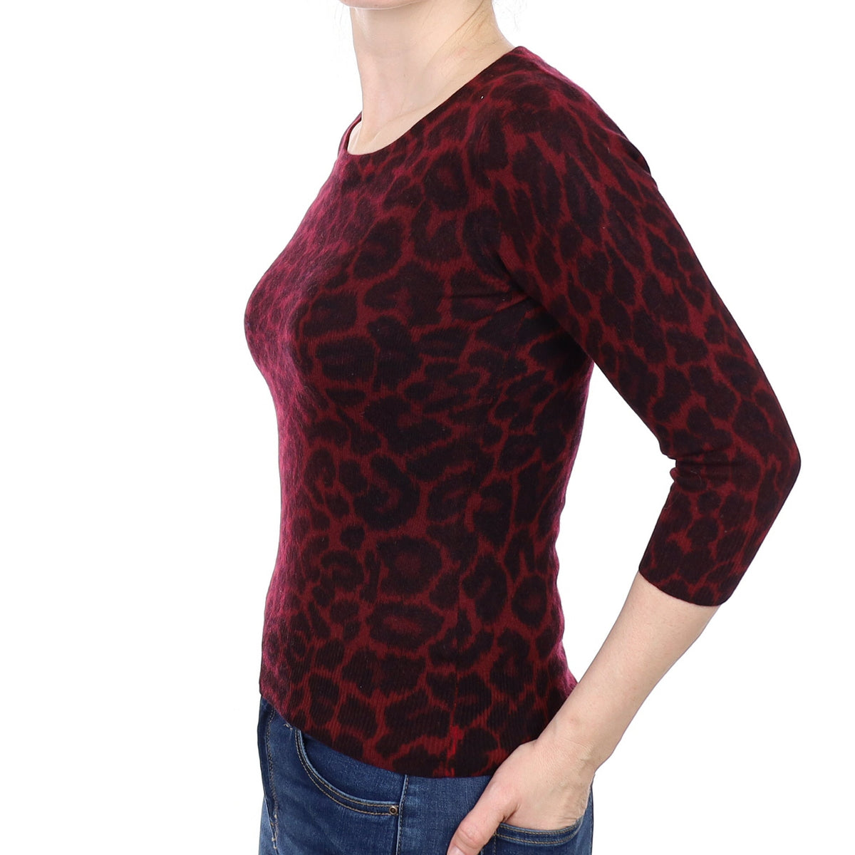 Red Animal Print Cashmere 3/4 Sleeve Crew Neck Jumper Small
