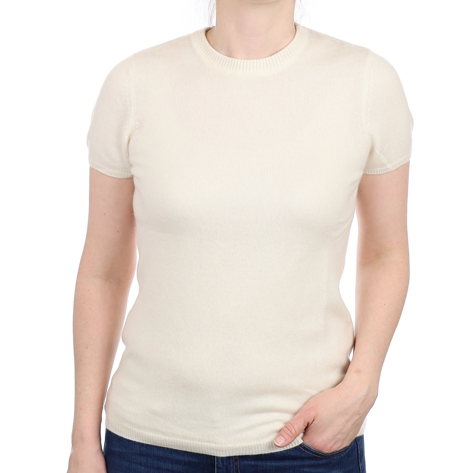 Vanilla Cream Cashmere Short Sleeved Crew Neck Jumper Small