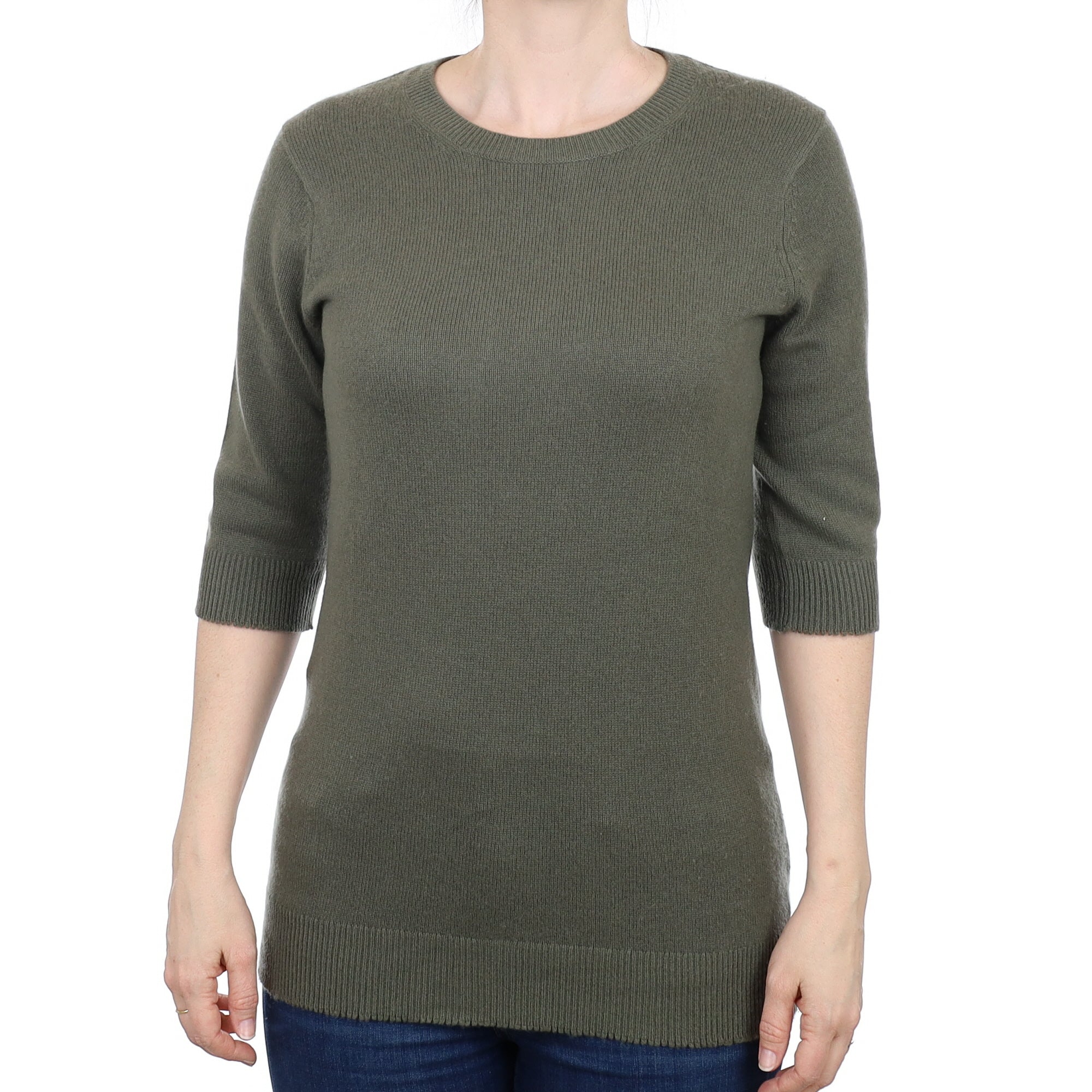 Khaki Green Cashmere 3/4 Sleeve Crew Neck Longline Jumper Small