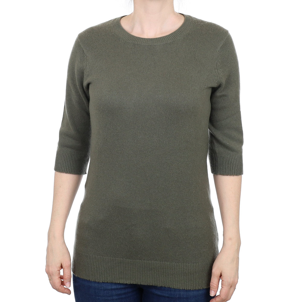 Khaki Green Cashmere 3/4 Sleeve Crew Neck Longline Jumper Small