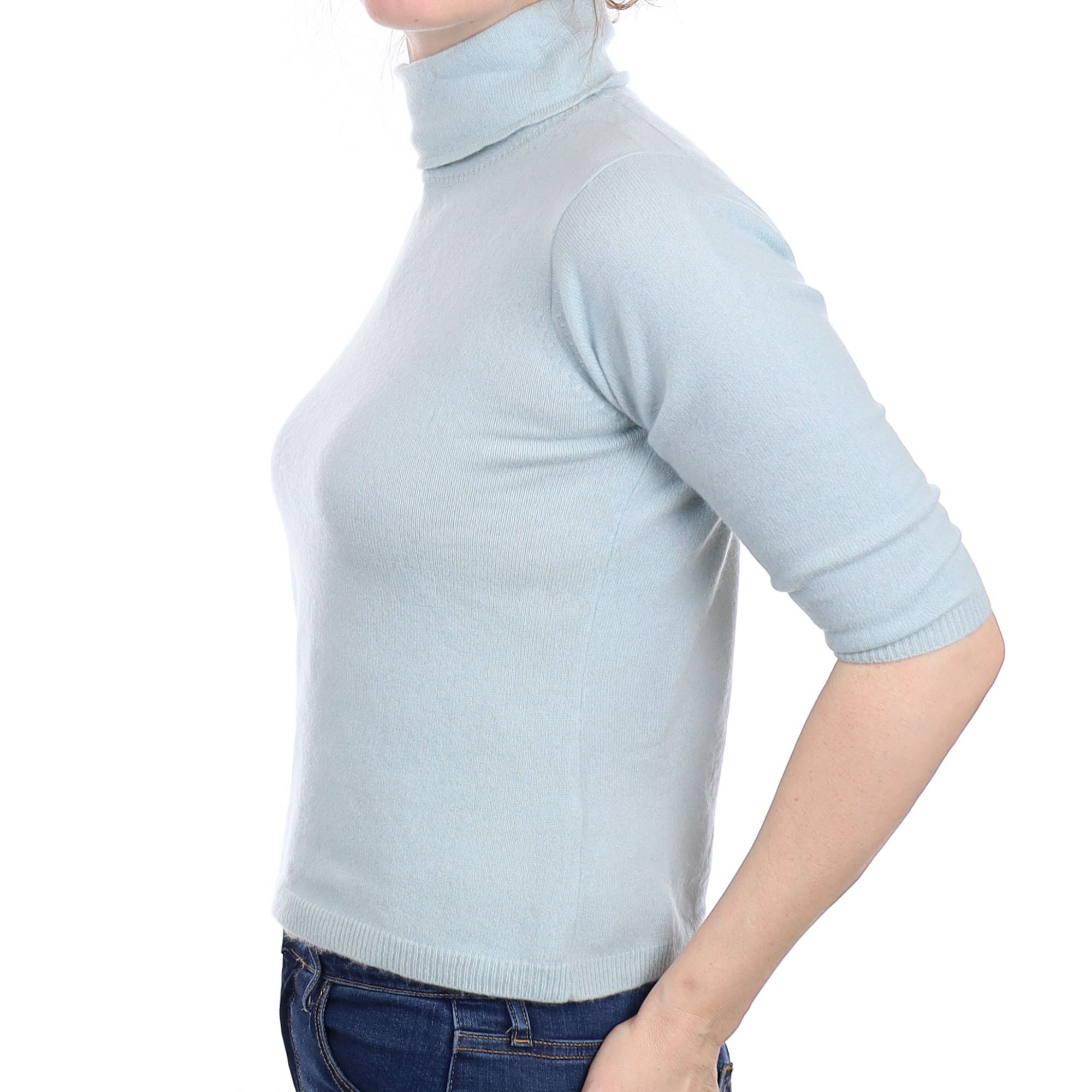 Sky Blue Cashmere 3/4 Sleeve Polo Neck Jumper Small