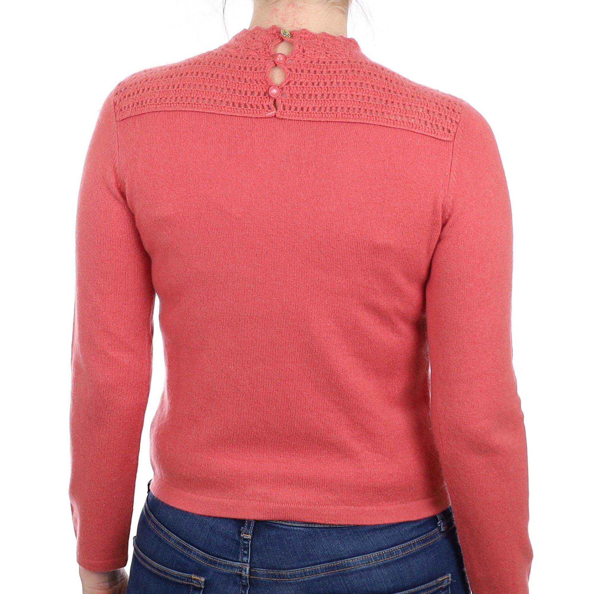 Deep Coral Lace Detail Cashmere Turtle Neck Jumper Small