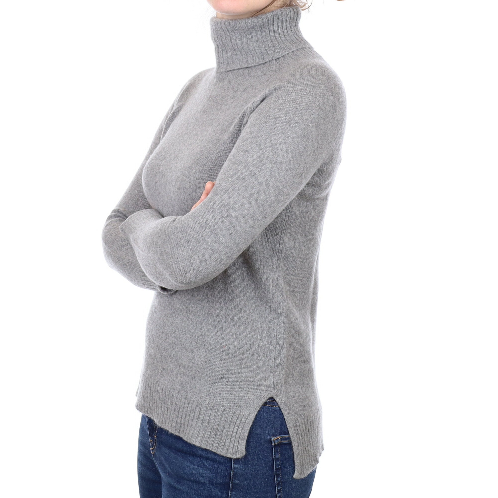 Italian Ash Grey Cashmere Polo Neck Jumper Small