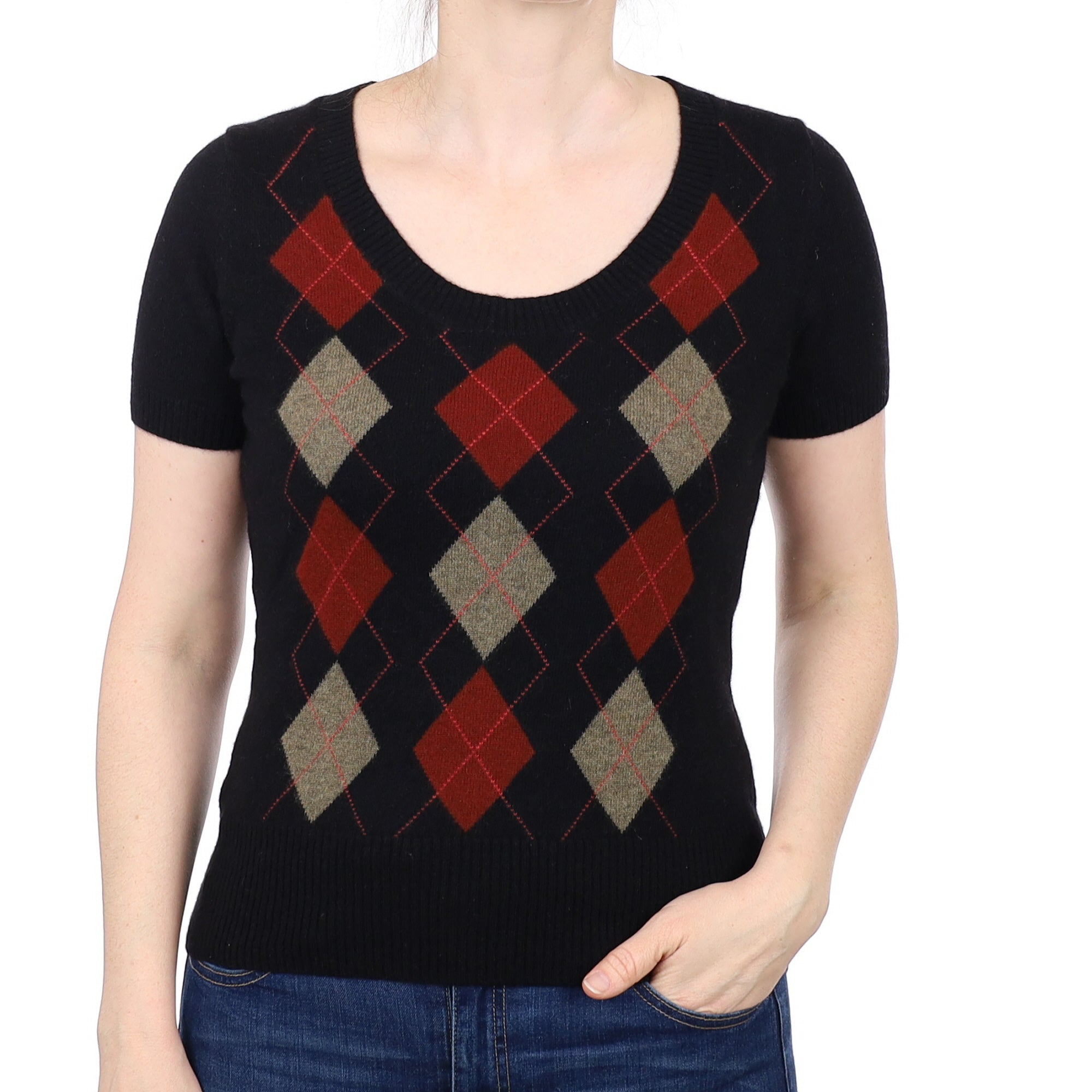 Black and Rust Cashmere Short Sleeve Scoop Neck Jumper Small