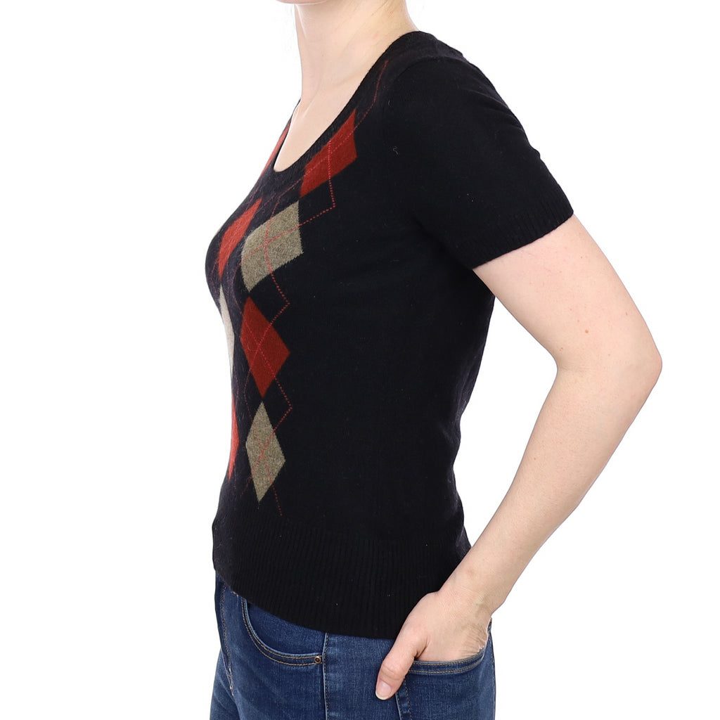 Black and Rust Cashmere Short Sleeve Scoop Neck Jumper Small