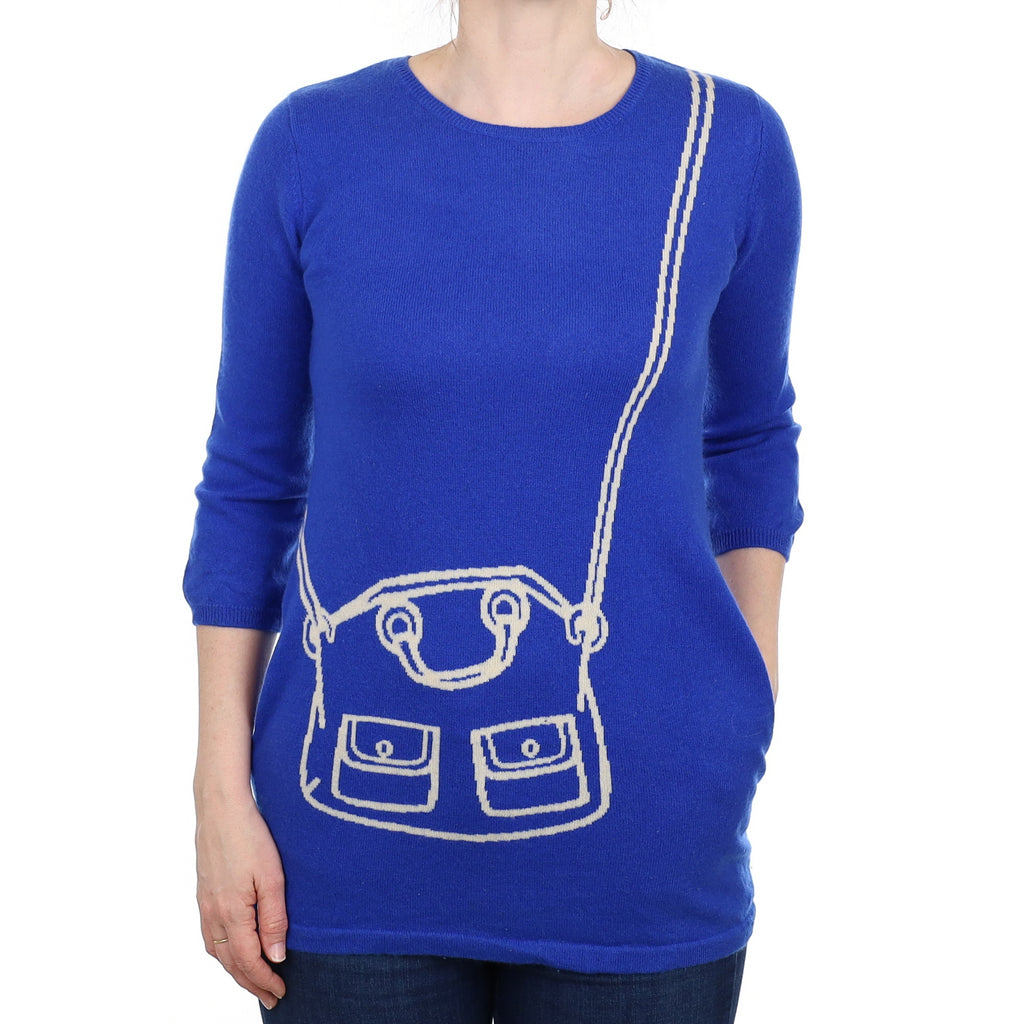 Cobalt Blue Handbag Design Cashmere Crew Neck Jumper Small