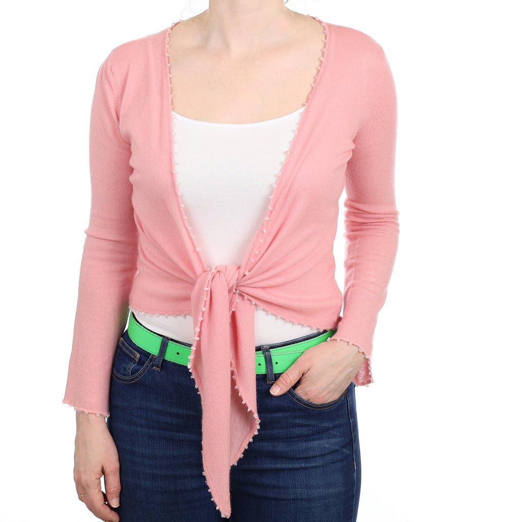 Carnation Pink Cashmere Tie Front Cardigan Small