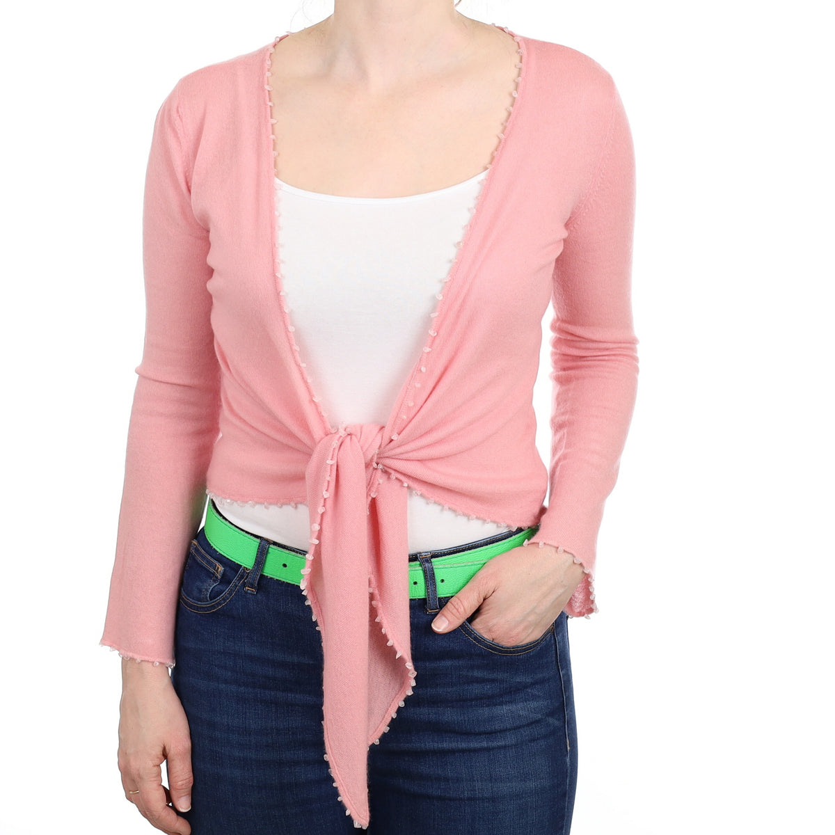 Carnation Pink Cashmere Tie Front Cardigan Small