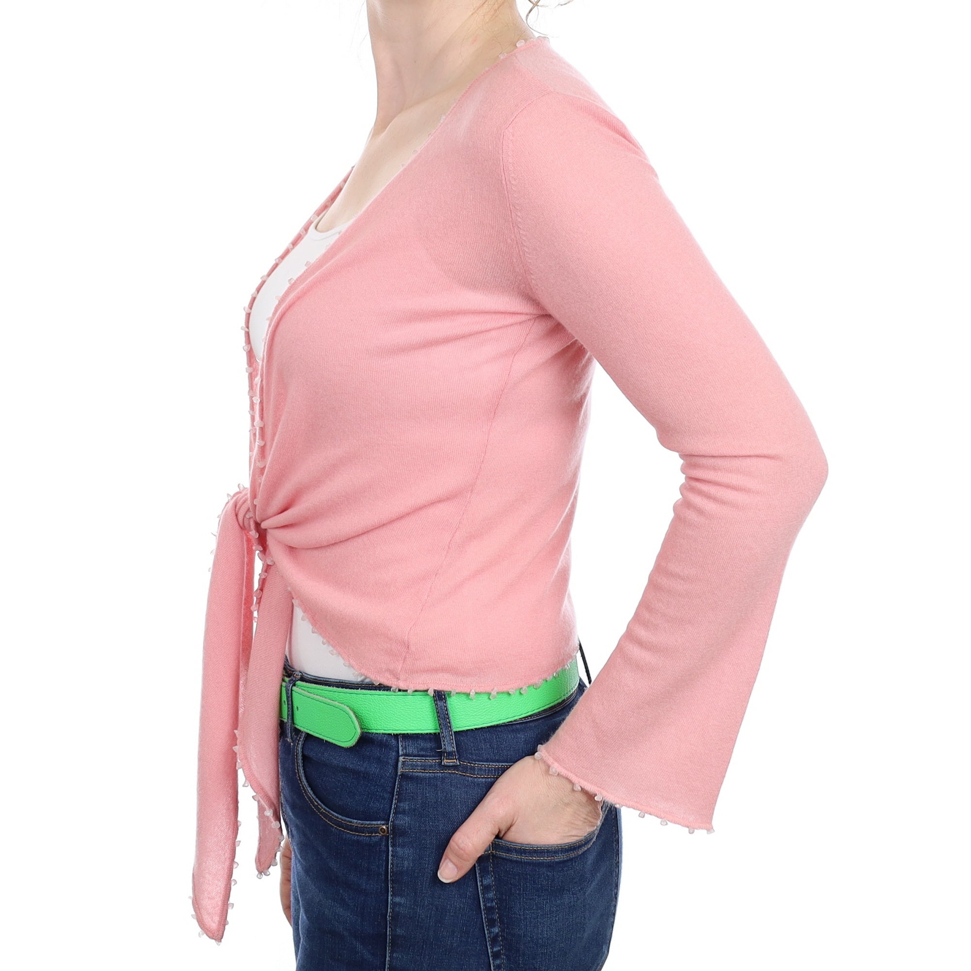 Carnation Pink Cashmere Tie Front Cardigan Small