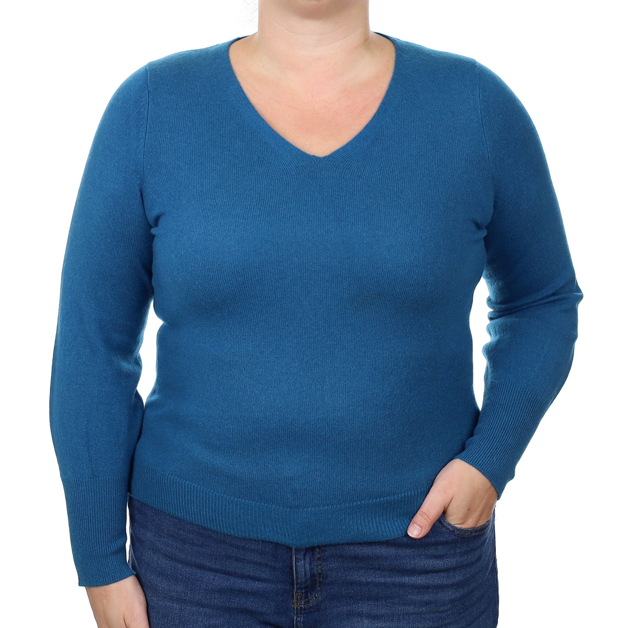 Peacock Blue Cashmere V Neck Jumper With Balloon Sleeves Large