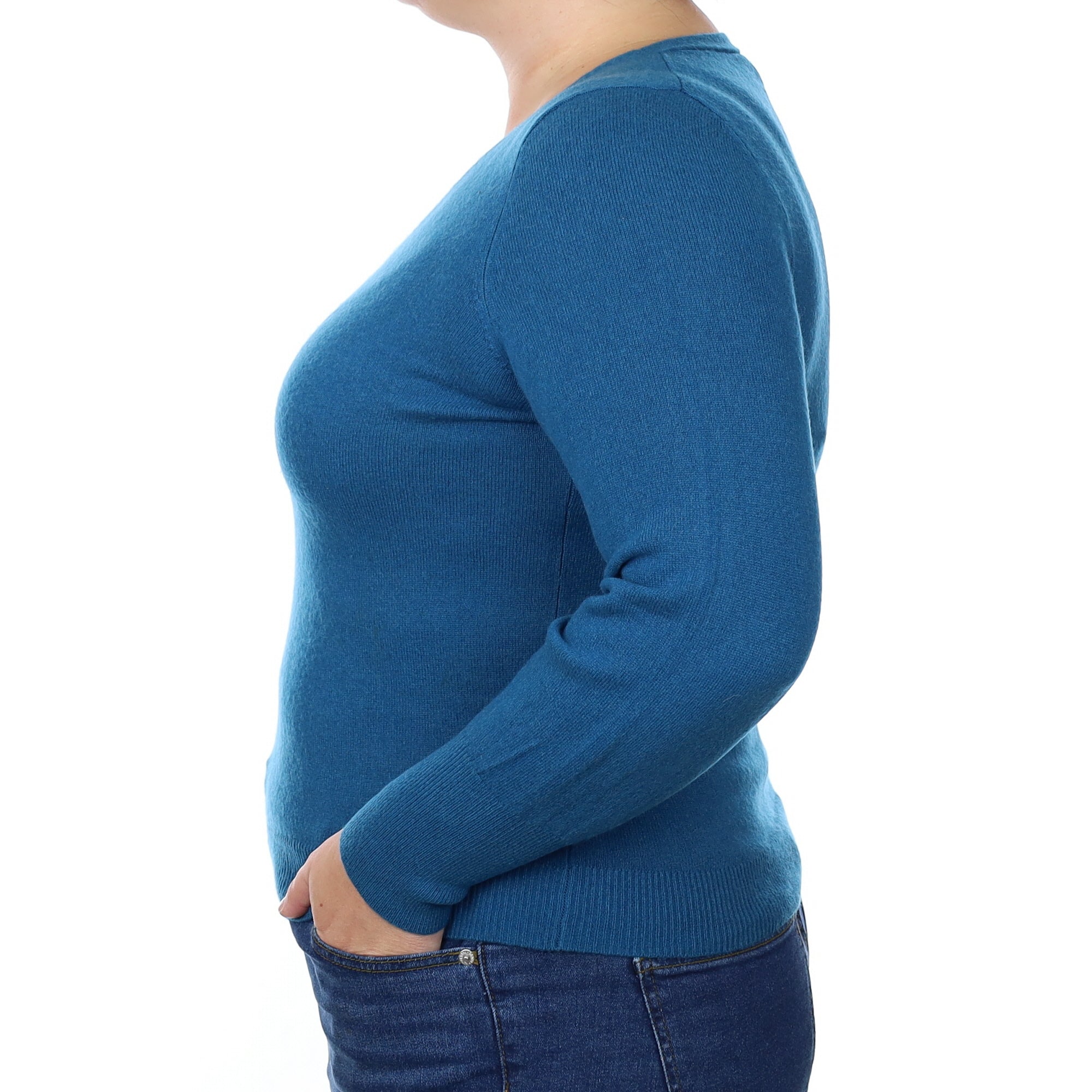 Peacock Blue Cashmere V Neck Jumper With Balloon Sleeves Large