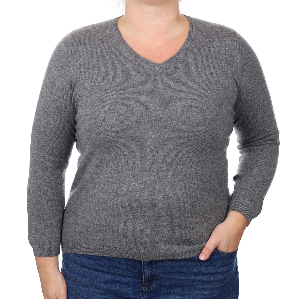 Ash Grey Cashmere V Neck Jumper Large