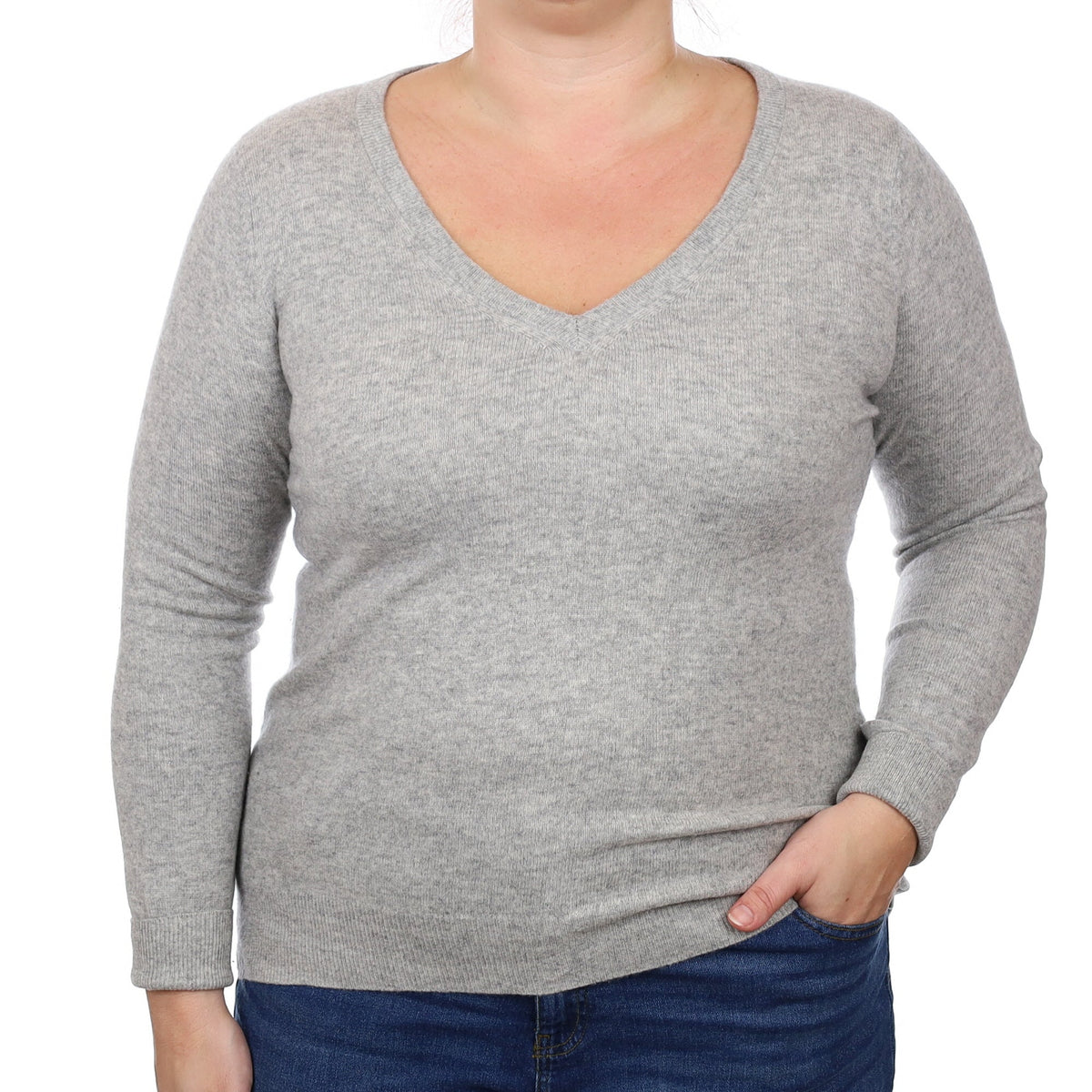 Smoke Grey Cashmere V Neck Jumper Large