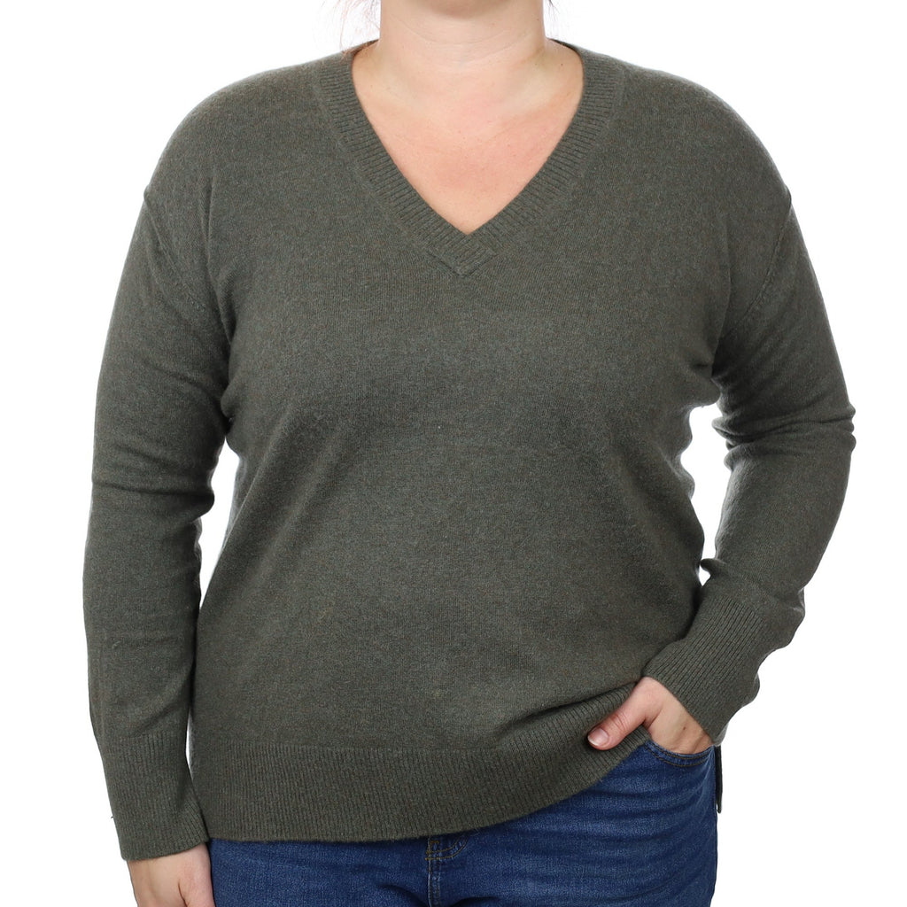 Khaki Green Cashmere V Neck Jumper Large