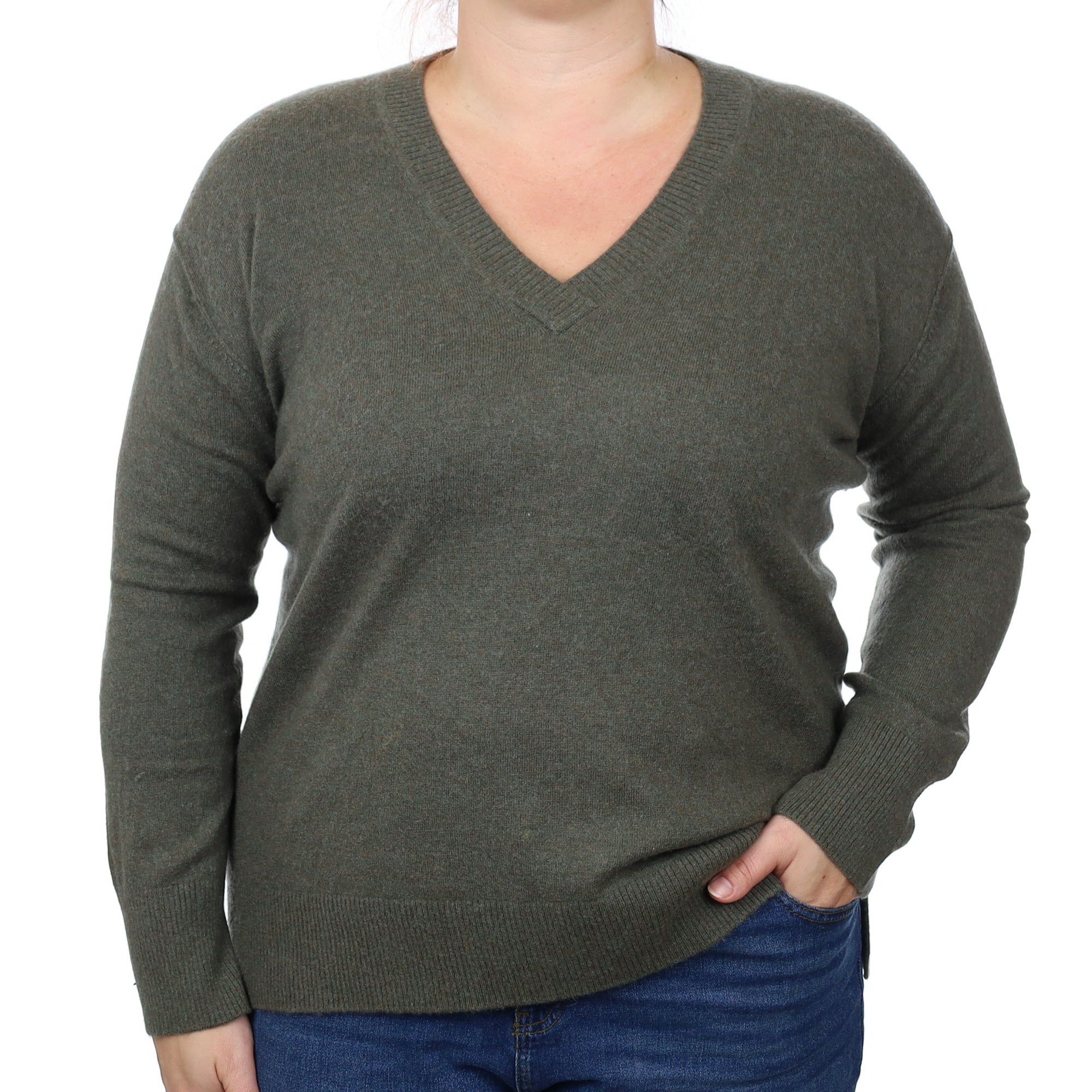 Khaki Green Cashmere V Neck Jumper Large