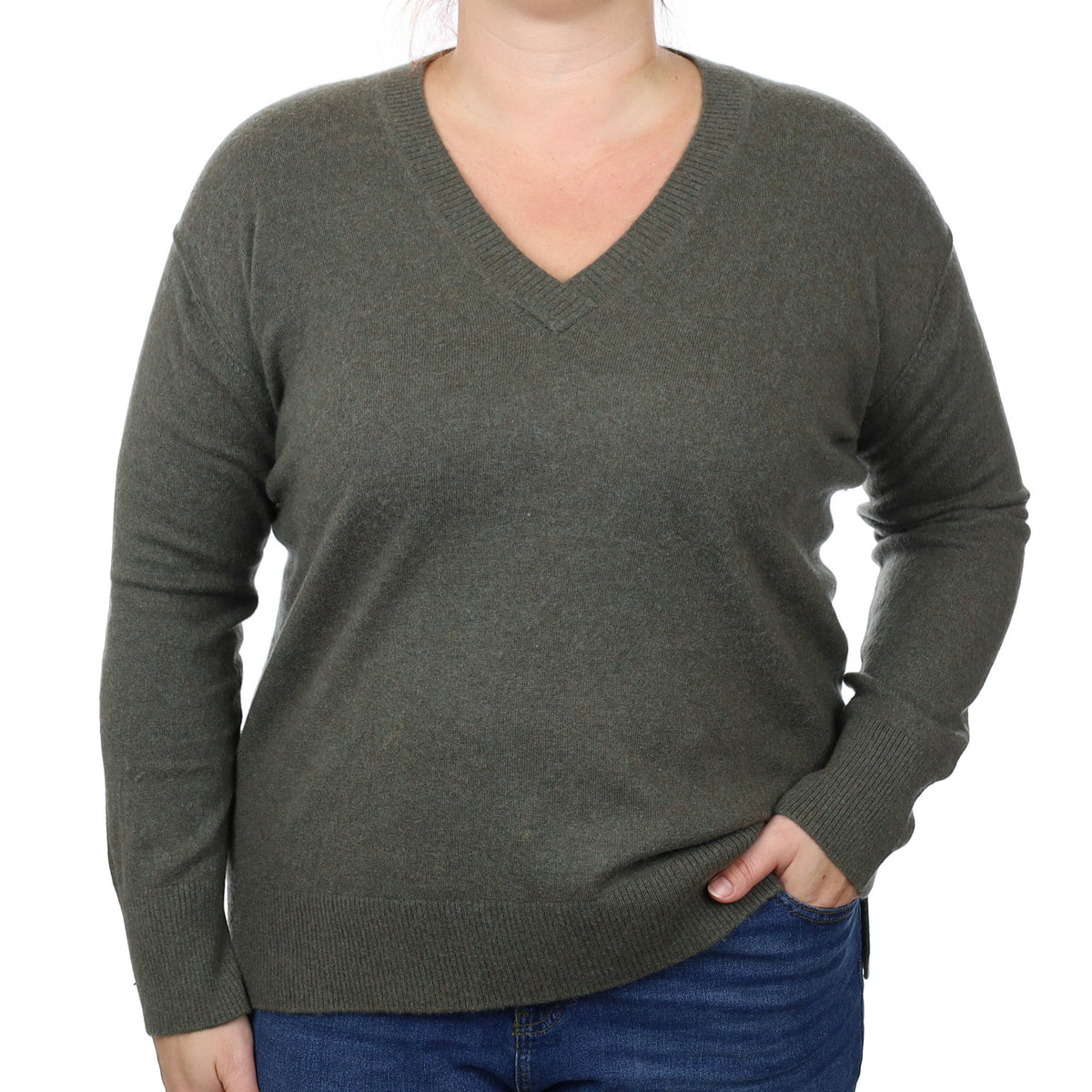 Khaki Green Cashmere V Neck Jumper Large