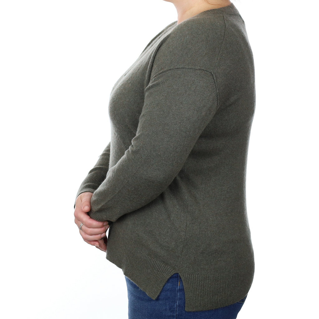 Khaki Green Cashmere V Neck Jumper Large