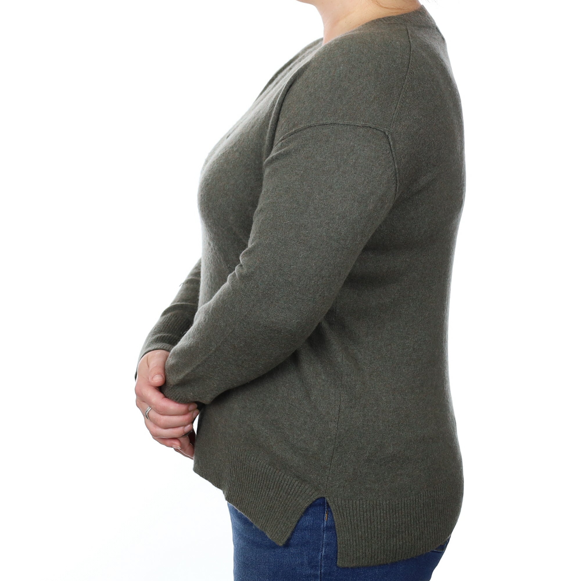 Khaki Green Cashmere V Neck Jumper Large