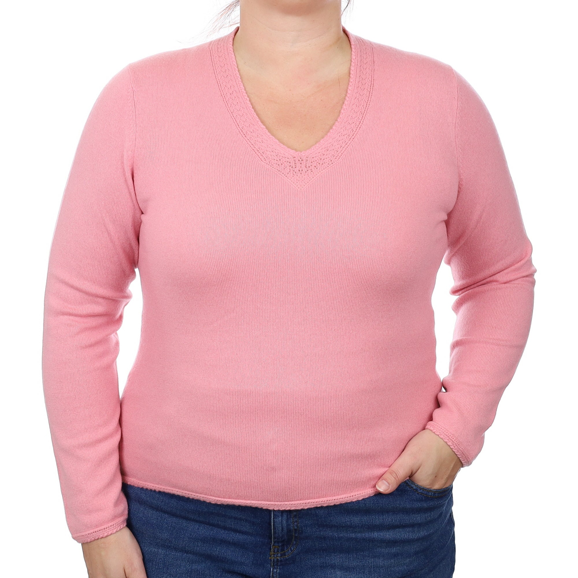 Blush Pink Cashmere V Neck Jumper with Lace Trim Large