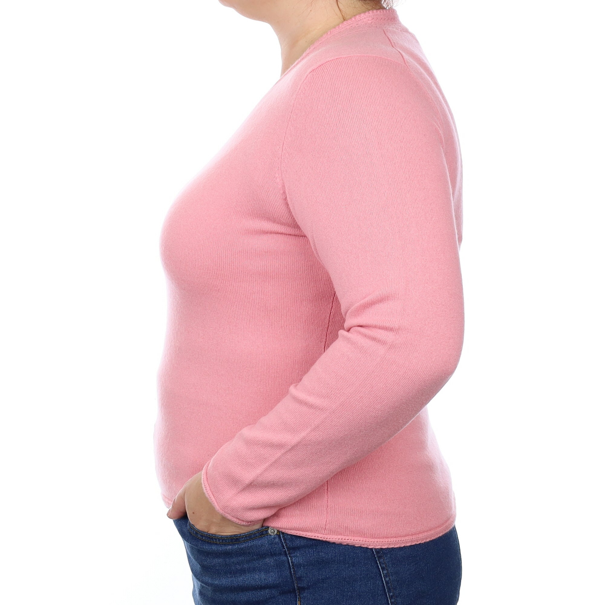 Blush Pink Cashmere V Neck Jumper with Lace Trim Large
