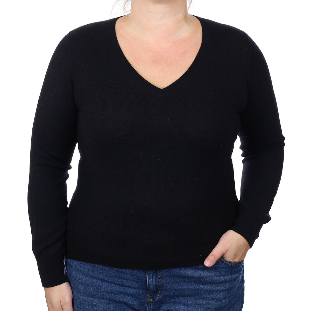 Black Cashmere V Neck Jumper Large