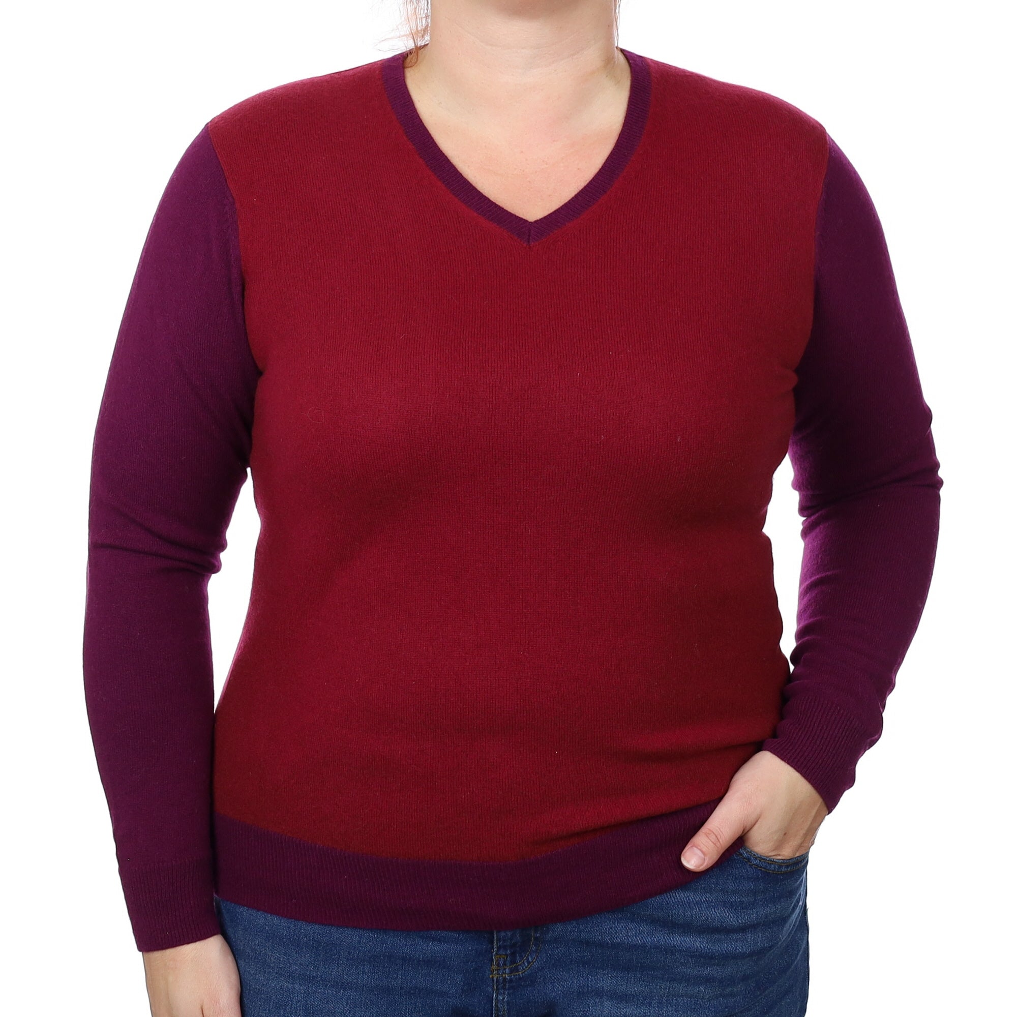 Burgundy and Plum Cashmere V Neck Jumper Large