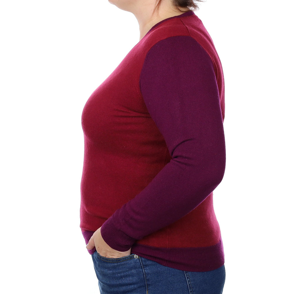 Burgundy and Plum Cashmere V Neck Jumper Large