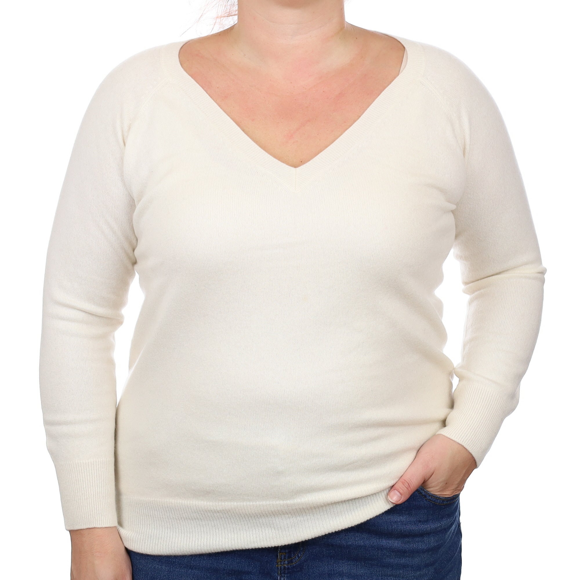 Warm White Cashmere V Neck Jumper Large