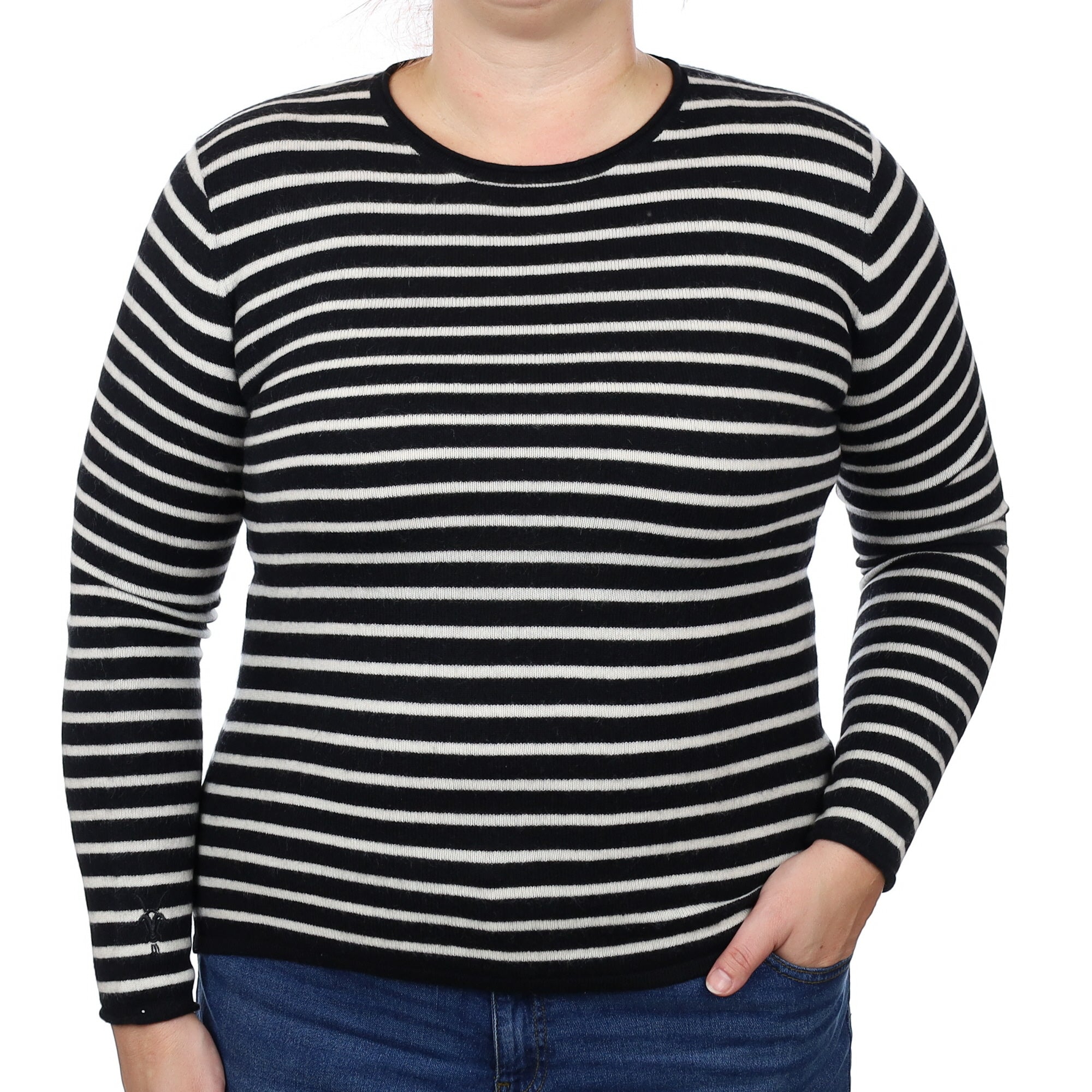 Black and Cream Stripe Cashmere Crew Neck Jumper Large