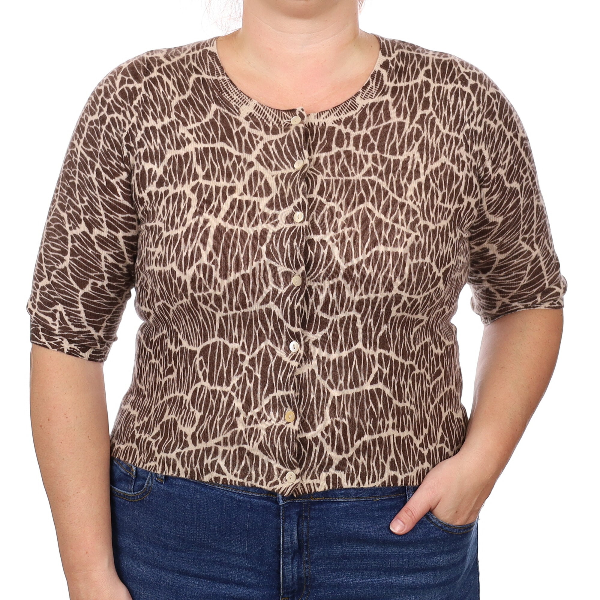 Brown Animal Print Cashmere Crew Neck Cardigan Large