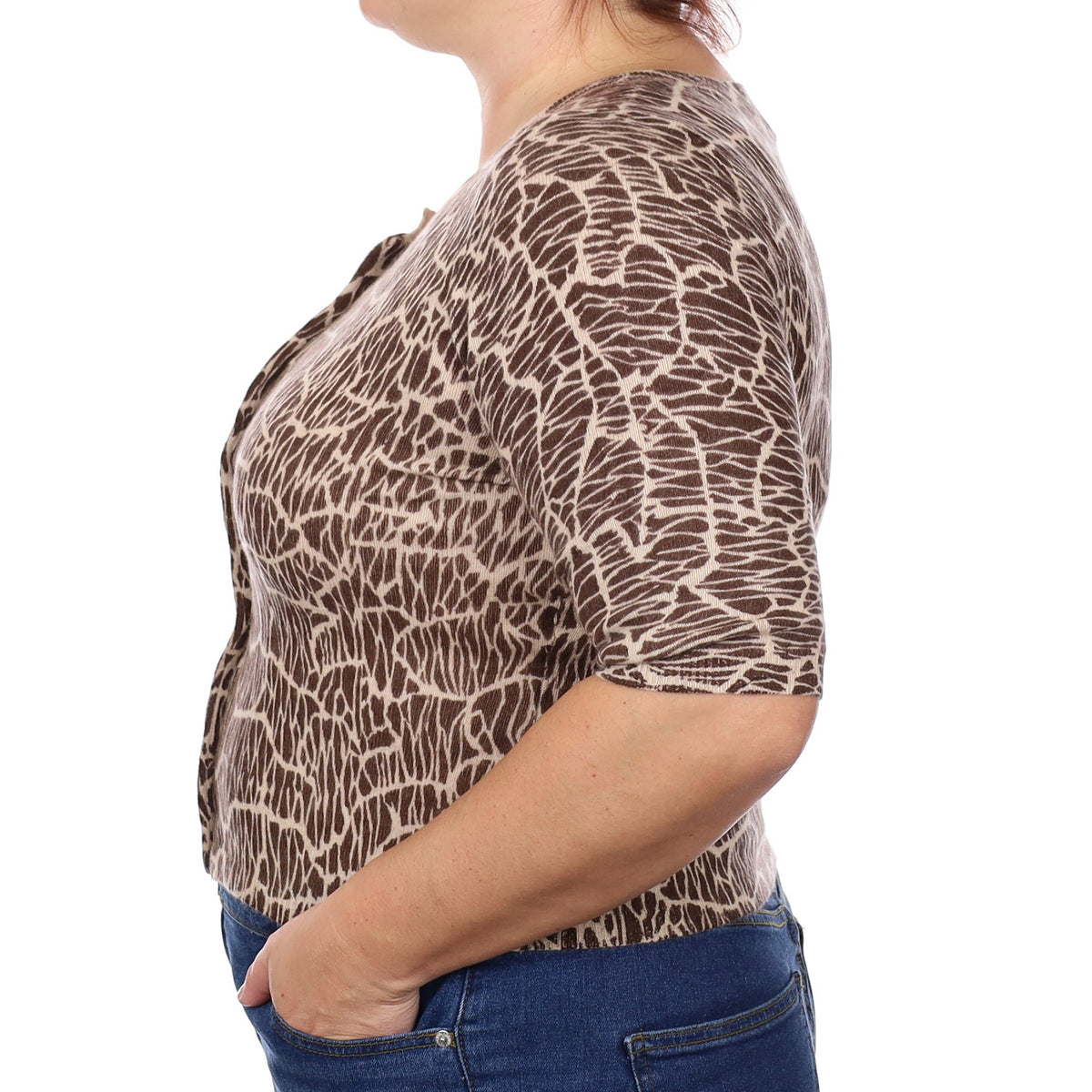Brown Animal Print Cashmere Crew Neck Cardigan Large