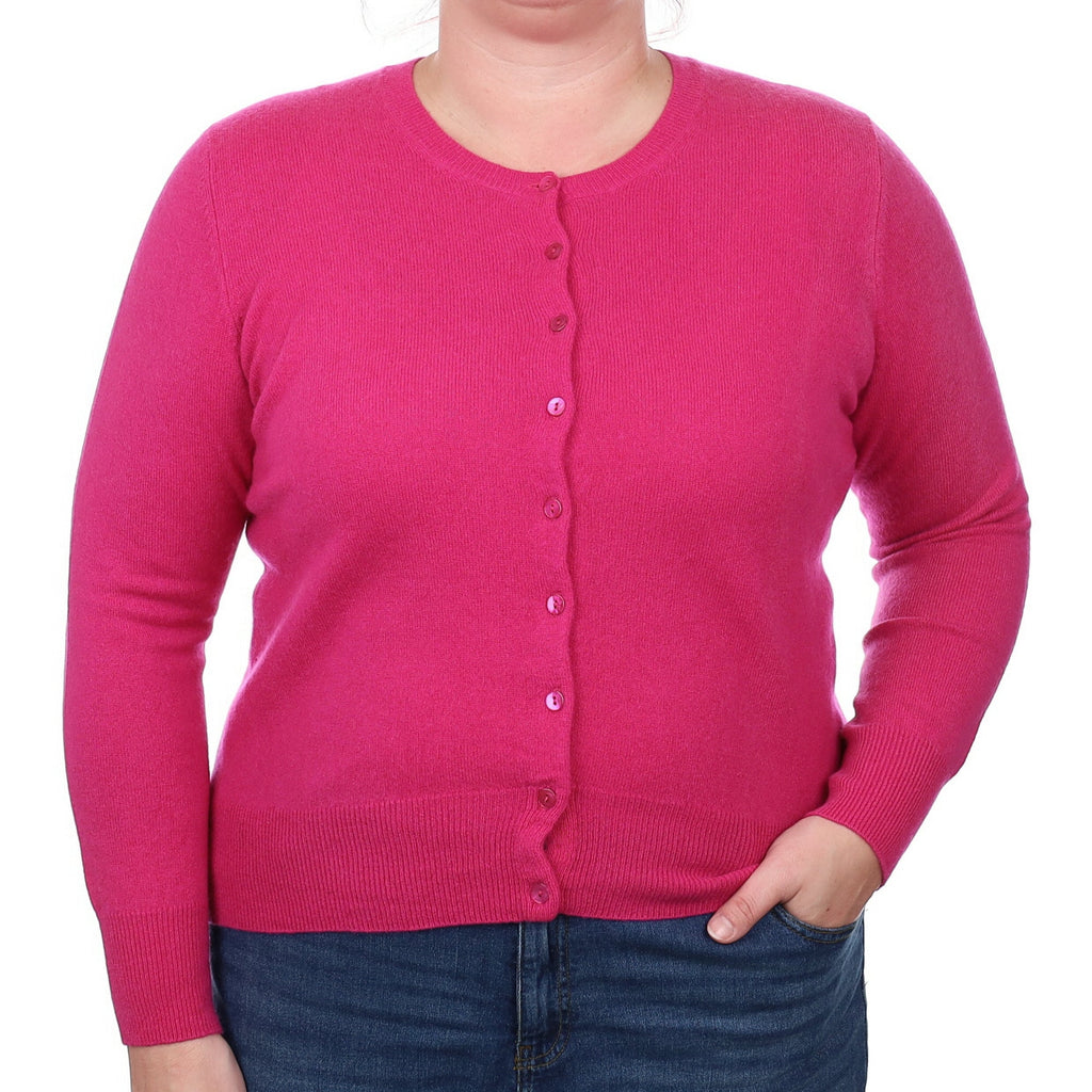 Fuchsia Pink Cashmere Crew Neck Cardigan Large