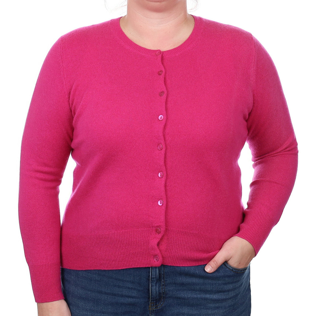 Fuchsia Pink Cashmere Crew Neck Cardigan Large