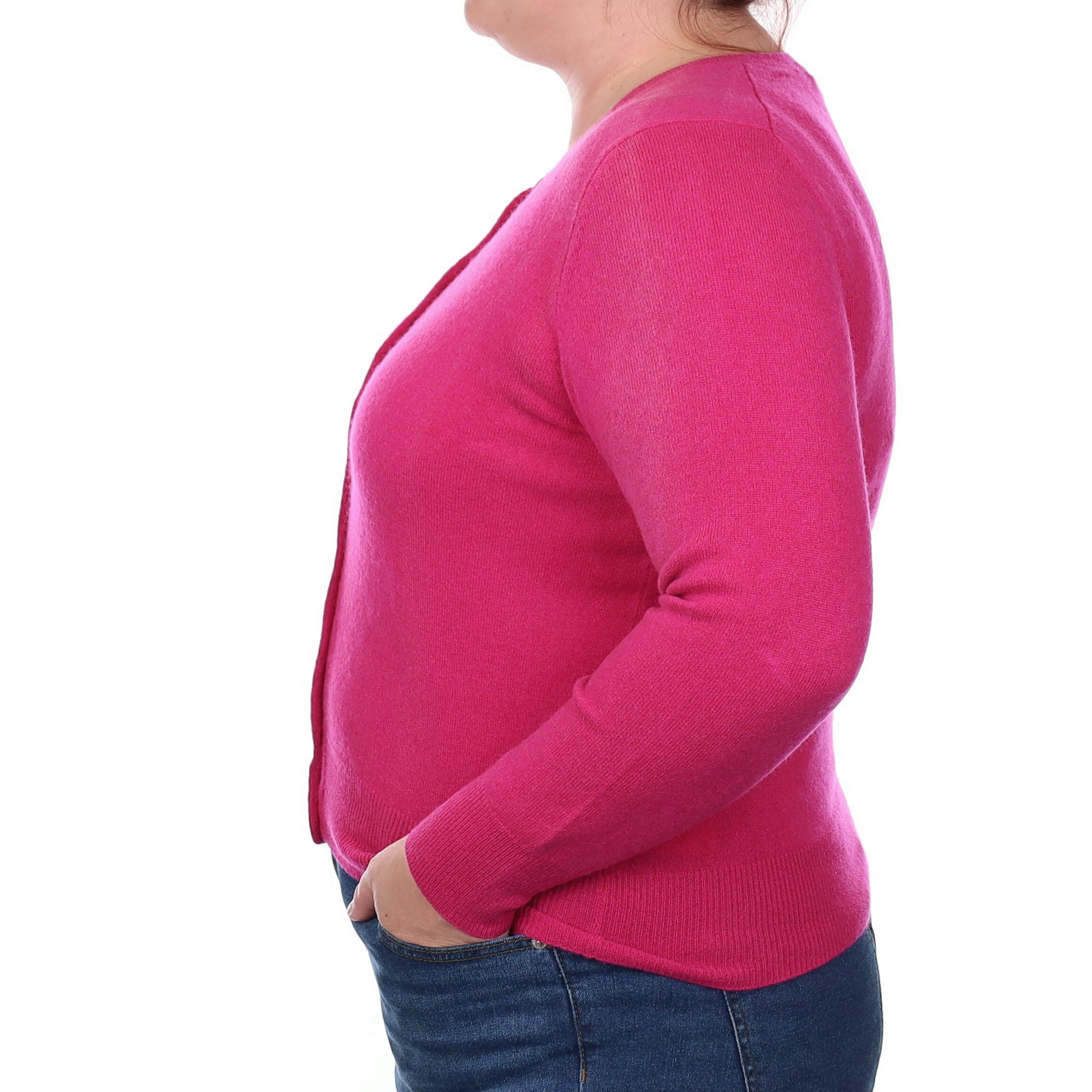 Fuchsia Pink Cashmere Crew Neck Cardigan Large