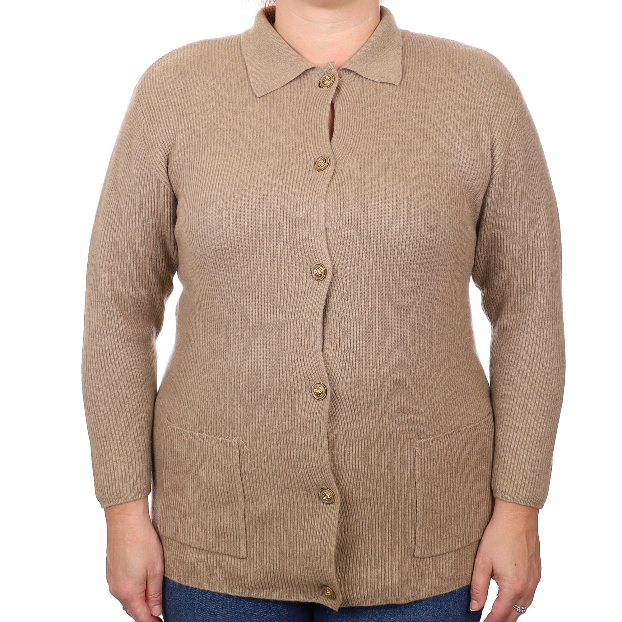 Taupe Brown Rib Cashmere Collared Cardigan with Pockets Large