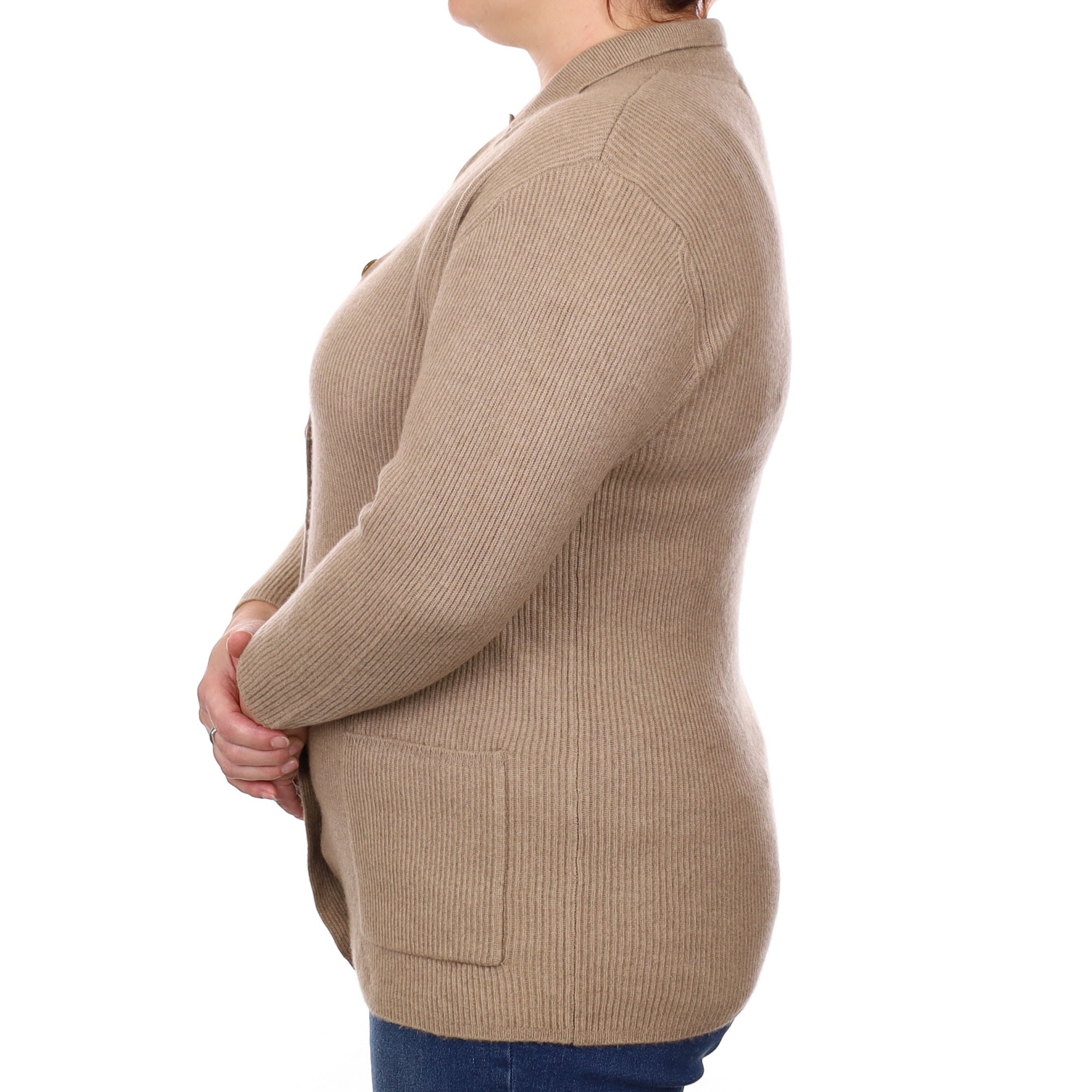Taupe Brown Rib Cashmere Collared Cardigan with Pockets Large
