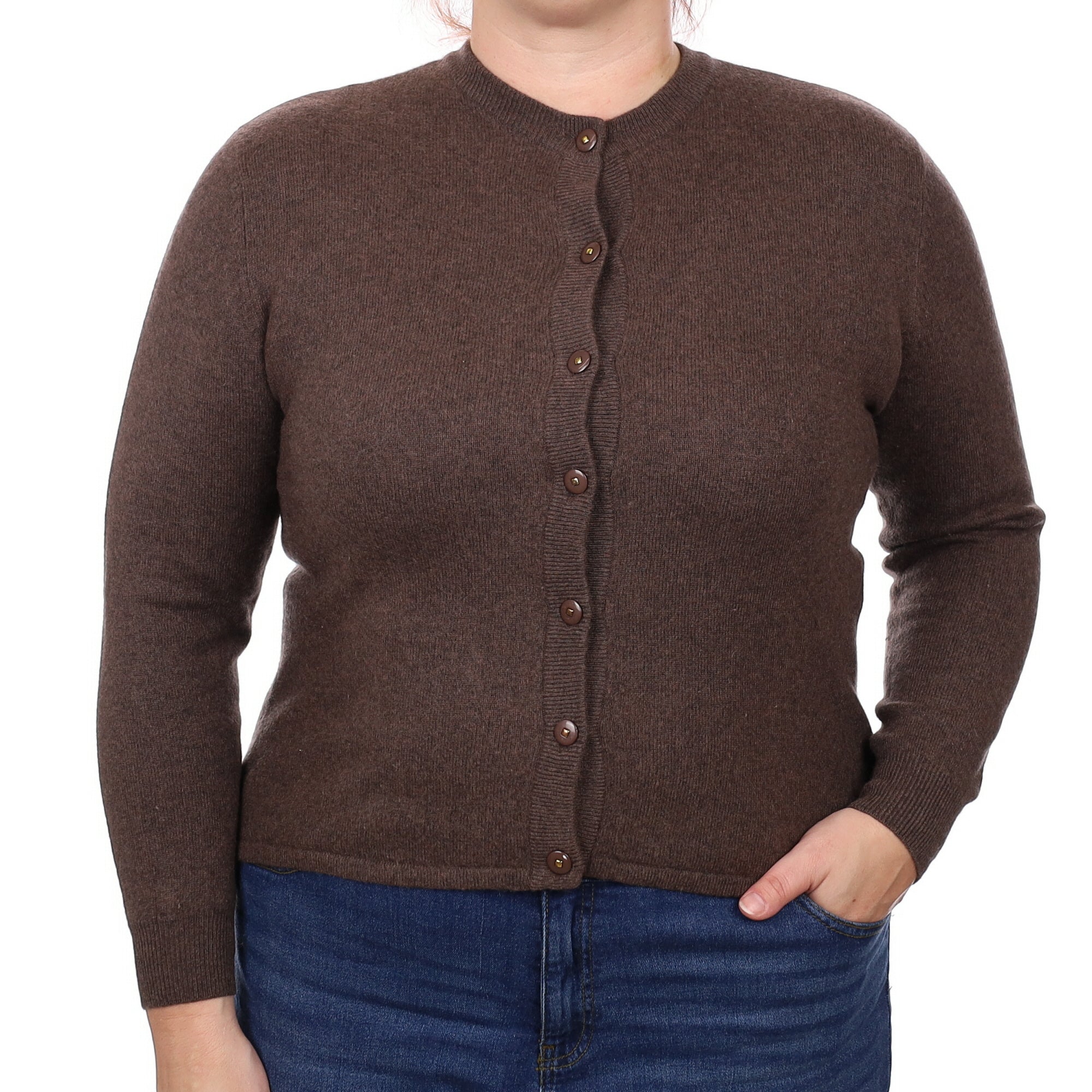 Mole Brown Cashmere Crew Neck Cardigan Large