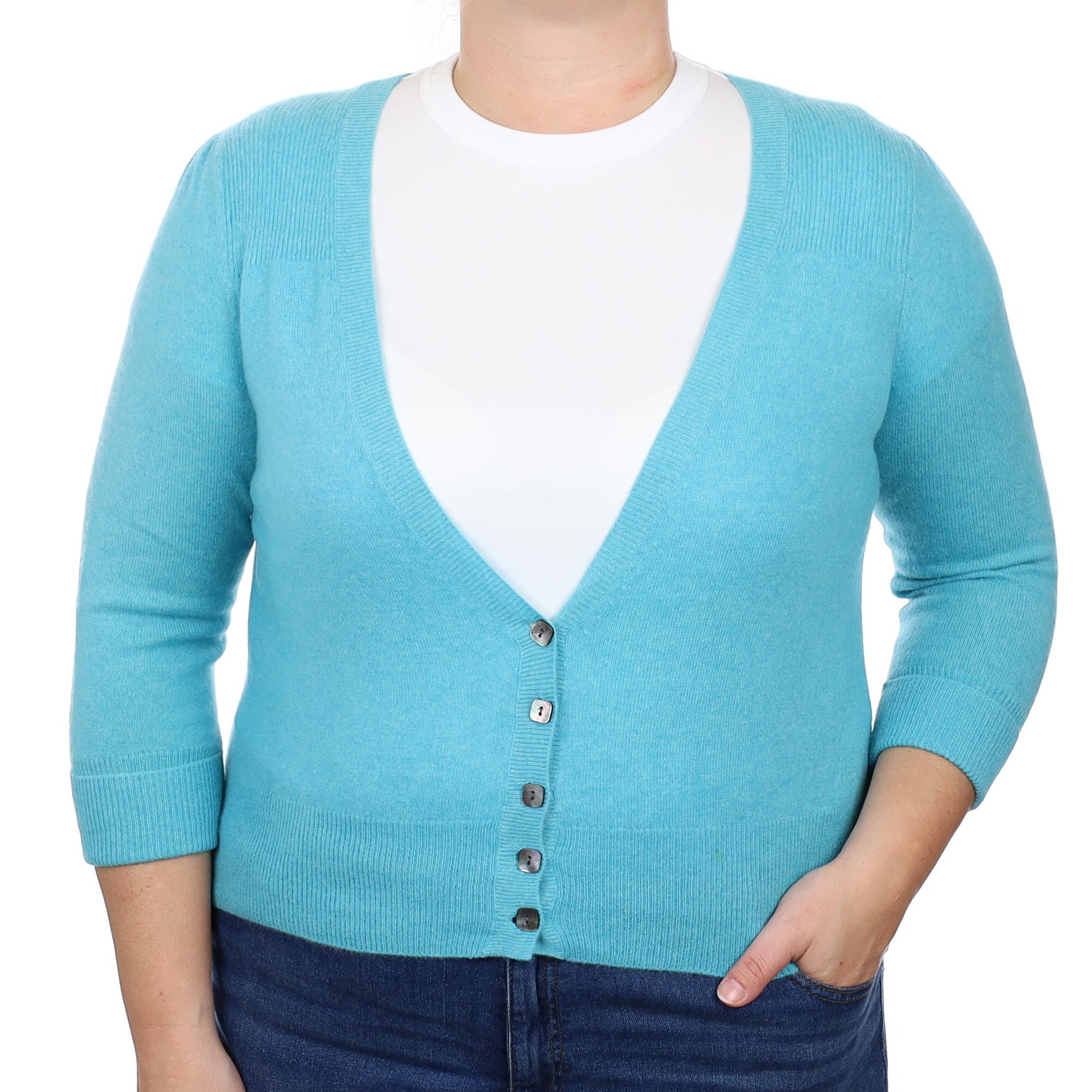 Aquamarine Cashmere 3/4 Sleeve V Neck Cardigan Large