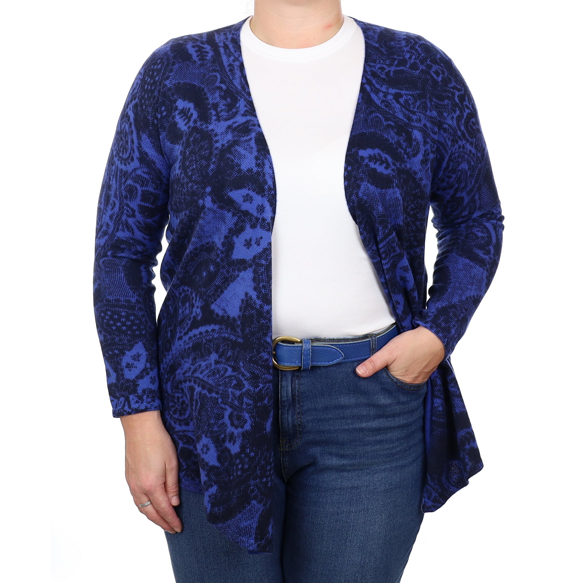Cobalt and Black Paisley Cashmere Edge to Edge Cardigan Large