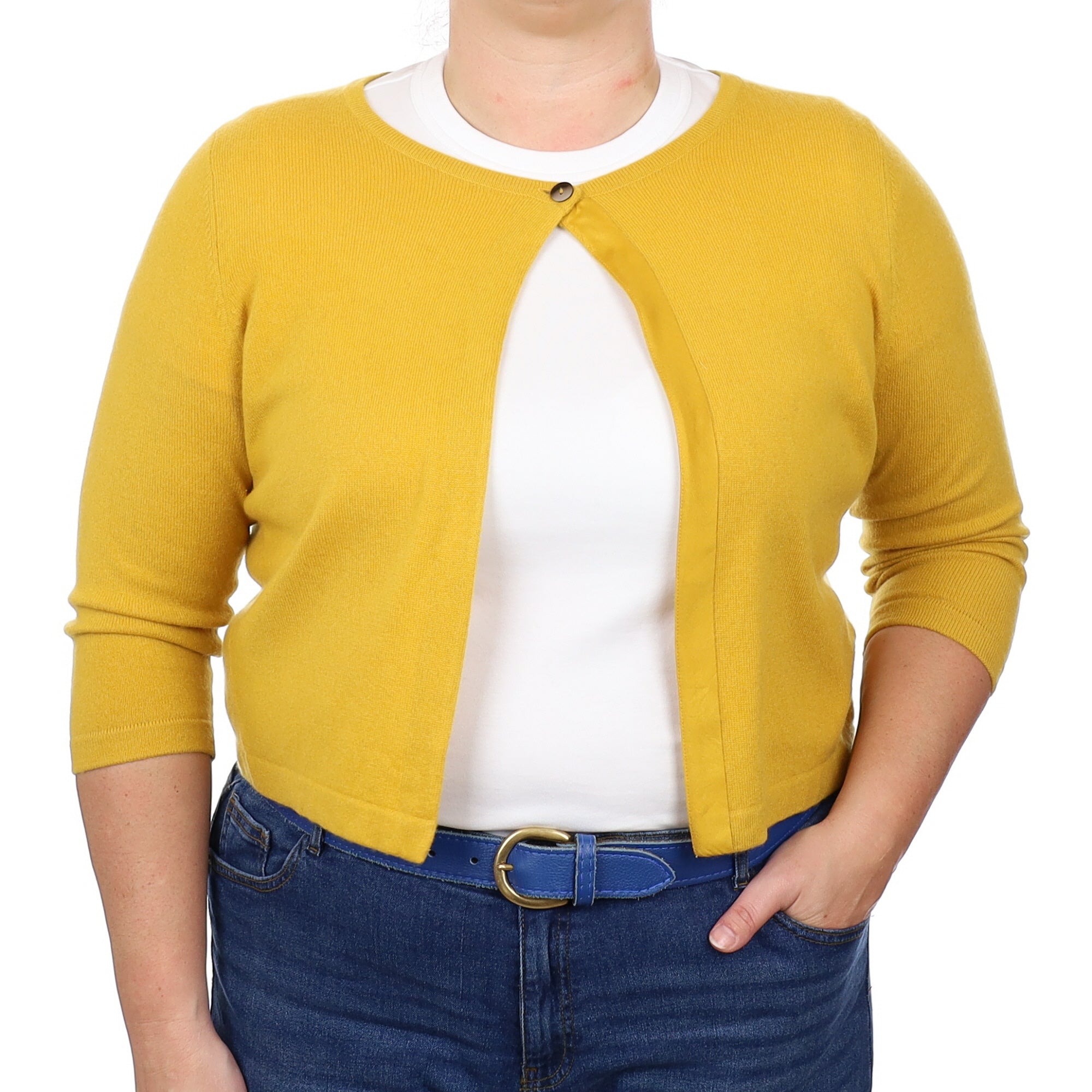 Mustard Yellow Cashmere Crew Neck Cardigan Large