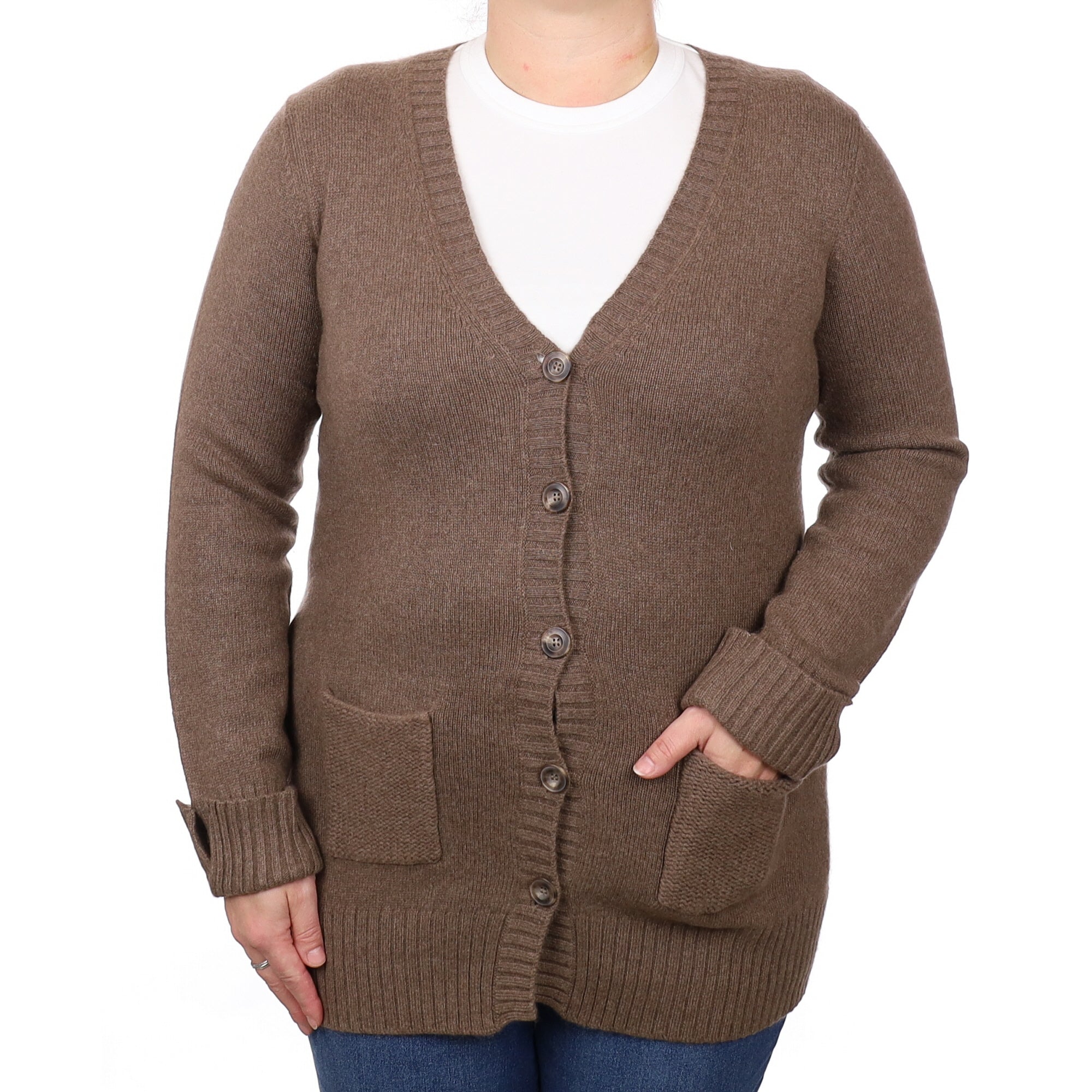 Italian Mocha Brown Cashmere Longline V Neck Cardigan Large