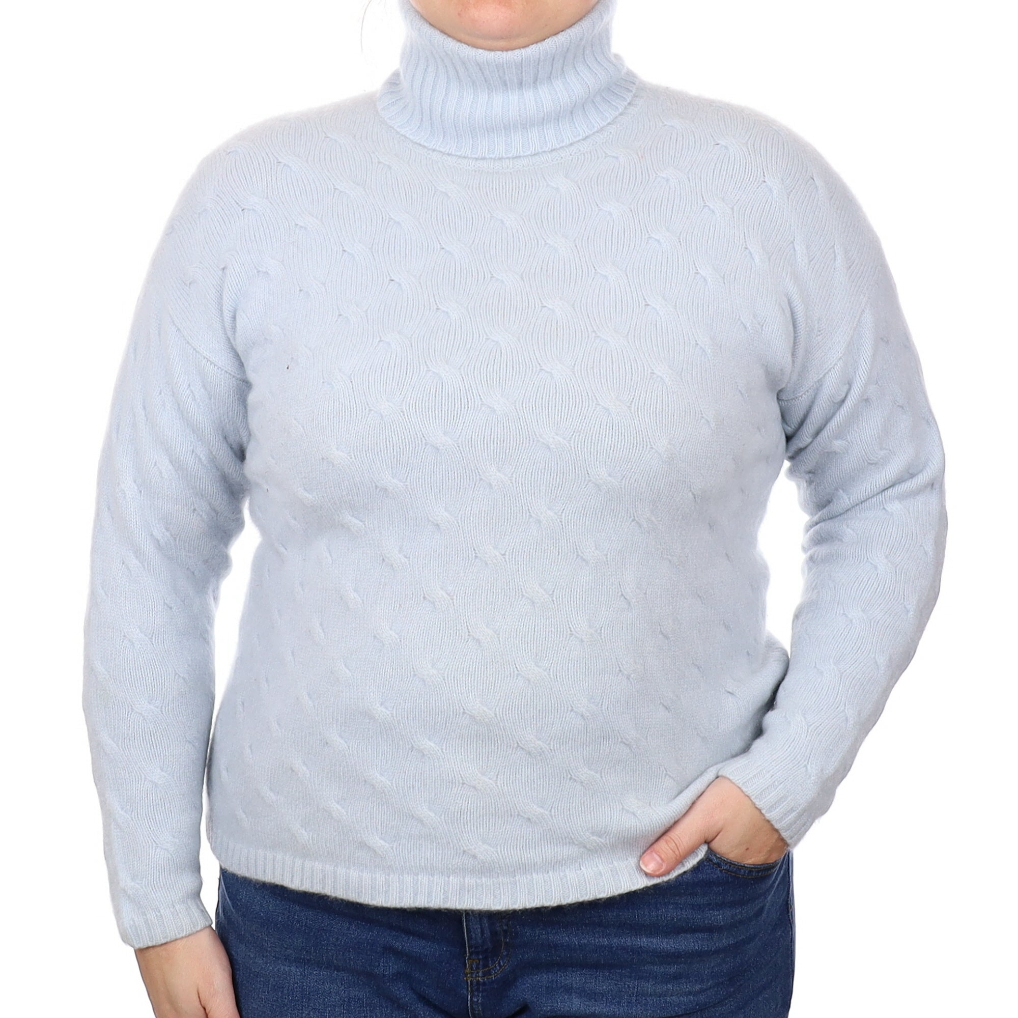 Ice Blue Texted Cashmere Chunky Polo Neck Jumper Large